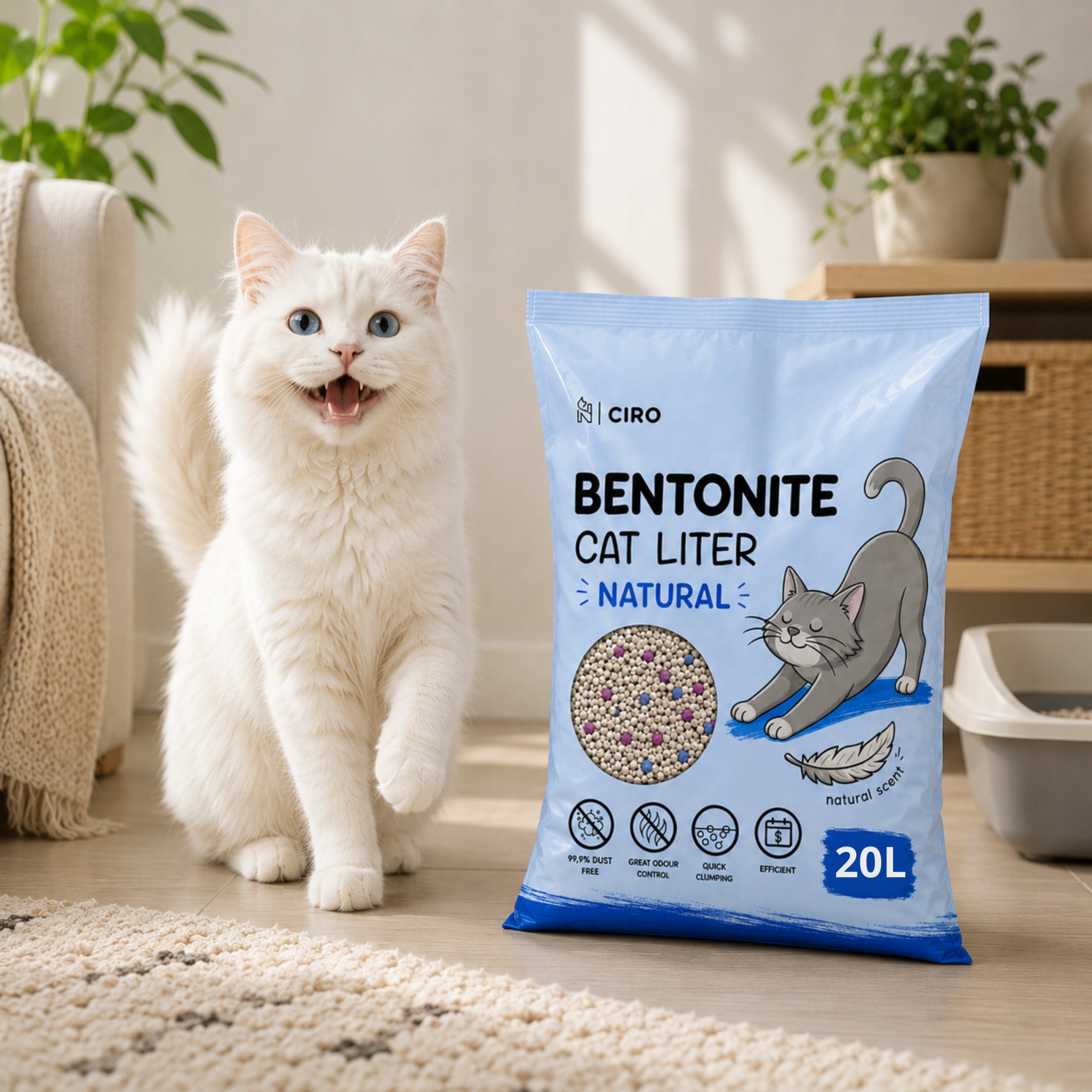 Bentonite Cat Litter - Natural, Clumping, Dust-Free, 20L Volume 20 l