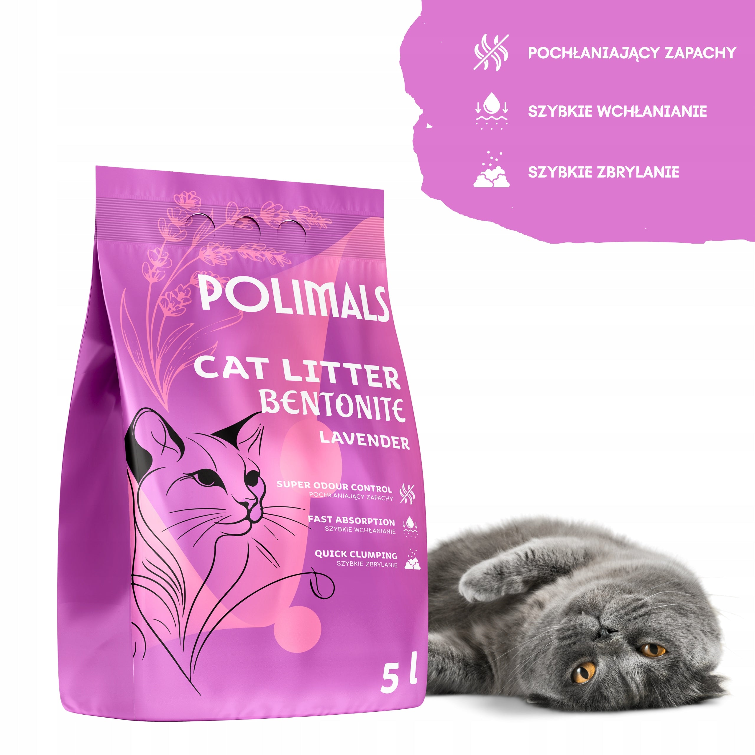 Bentonite Litter for Cat Compact Lavender Polimals 5 L fine-grained Volume 5 l