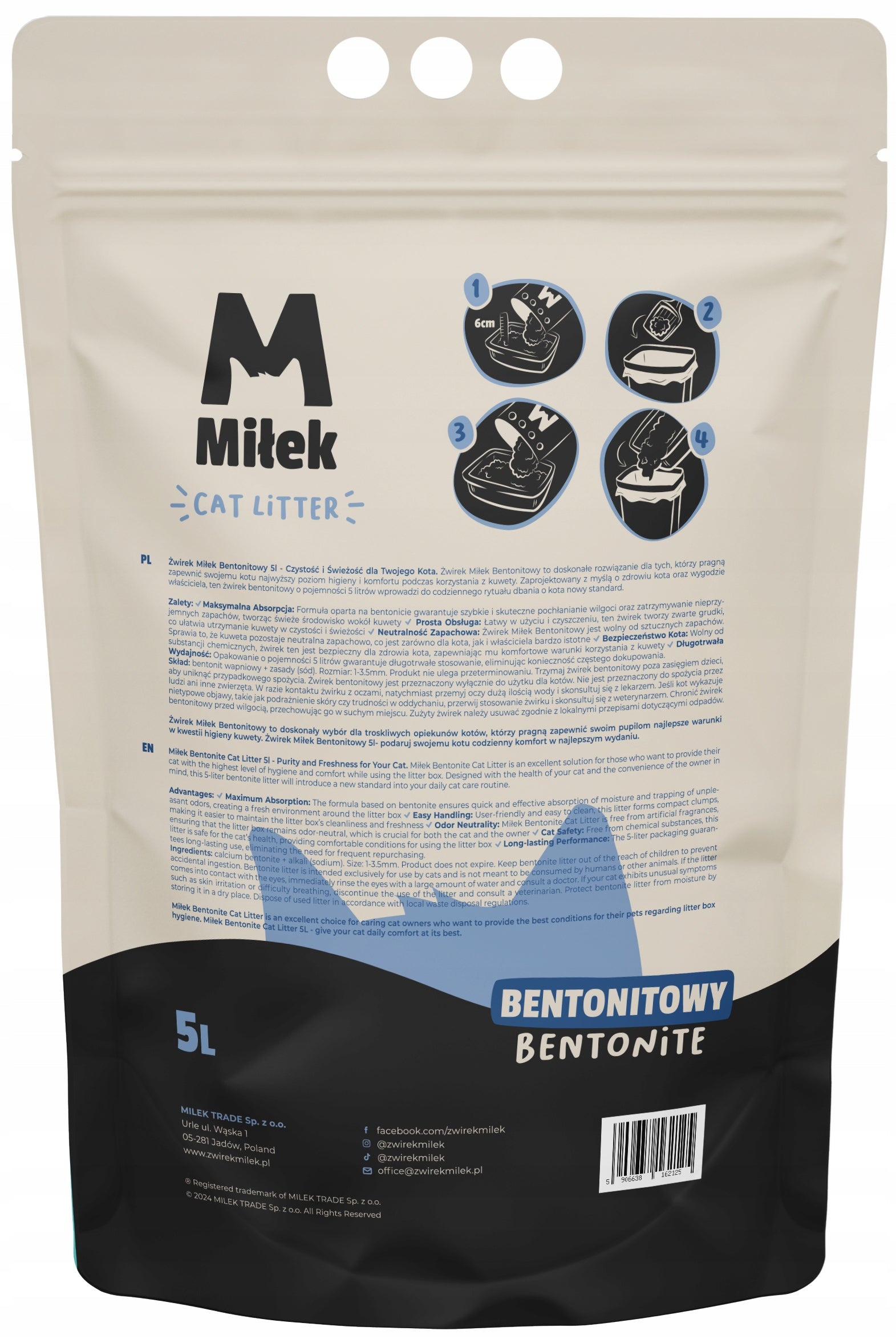 Bentonite cat litter 5l Miłek, clumping, dust-free, natural Brand Miłek