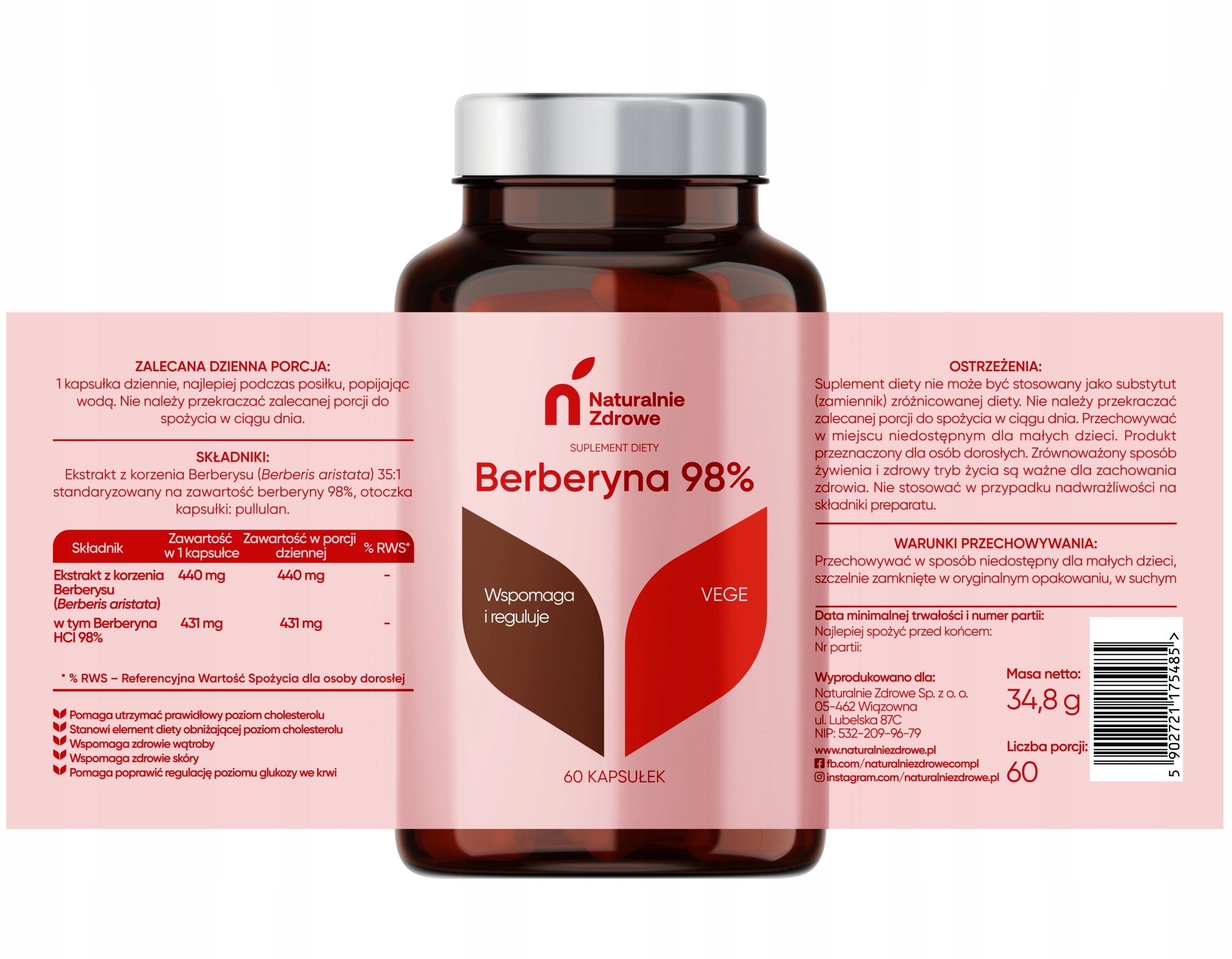 Berberine Extract Hcl 98 Weight Loss Metabolism Cholesterol 440mg 60 kaps Brand Naturalnie Zdrowe