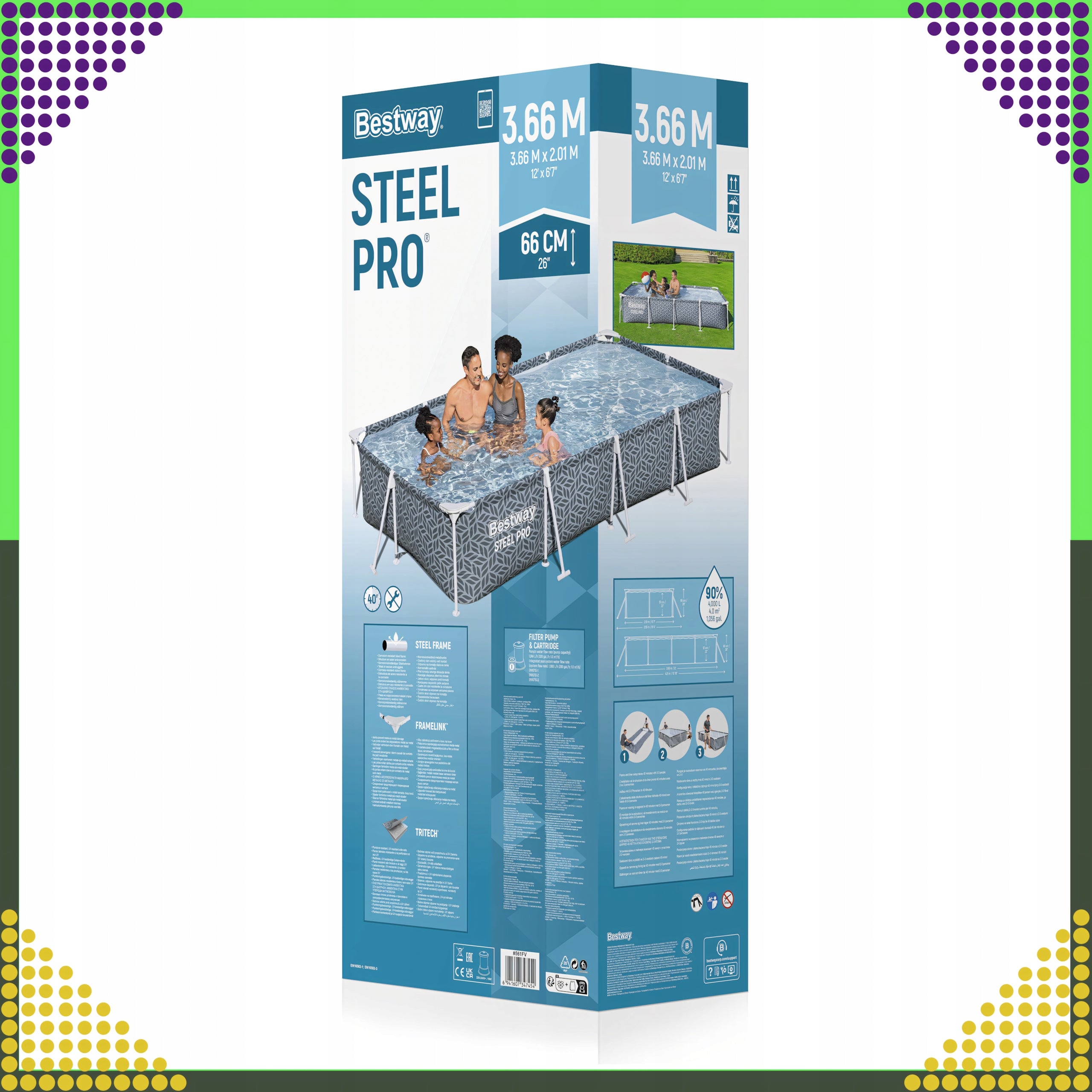 Bestway 561FV Steel Pro Pool Framed Rectangular Garden 366x201x66 cm Kind frame