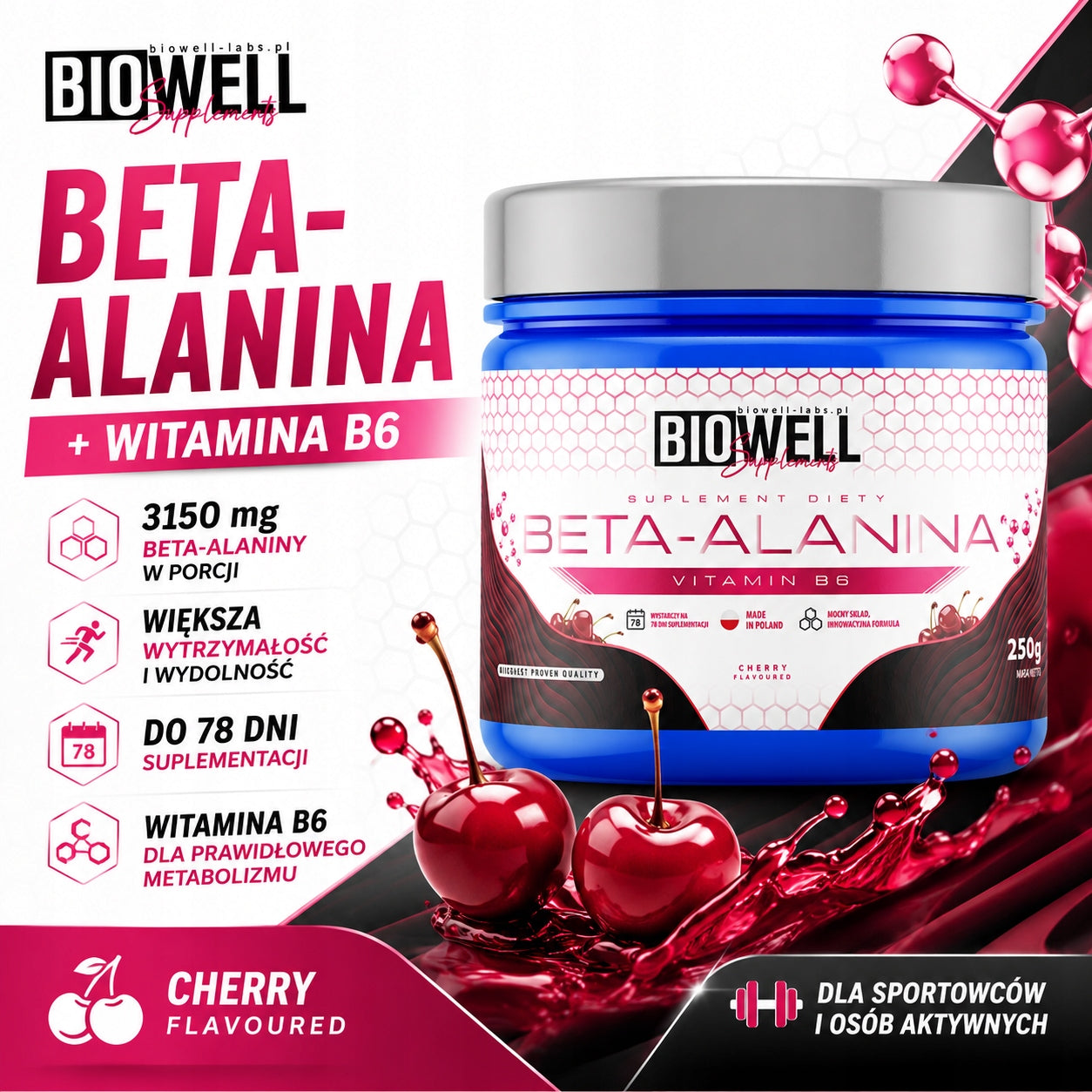 Beta Alanine + vit B 250g 78portion cherry flavor Biowell Labs Packaging status original