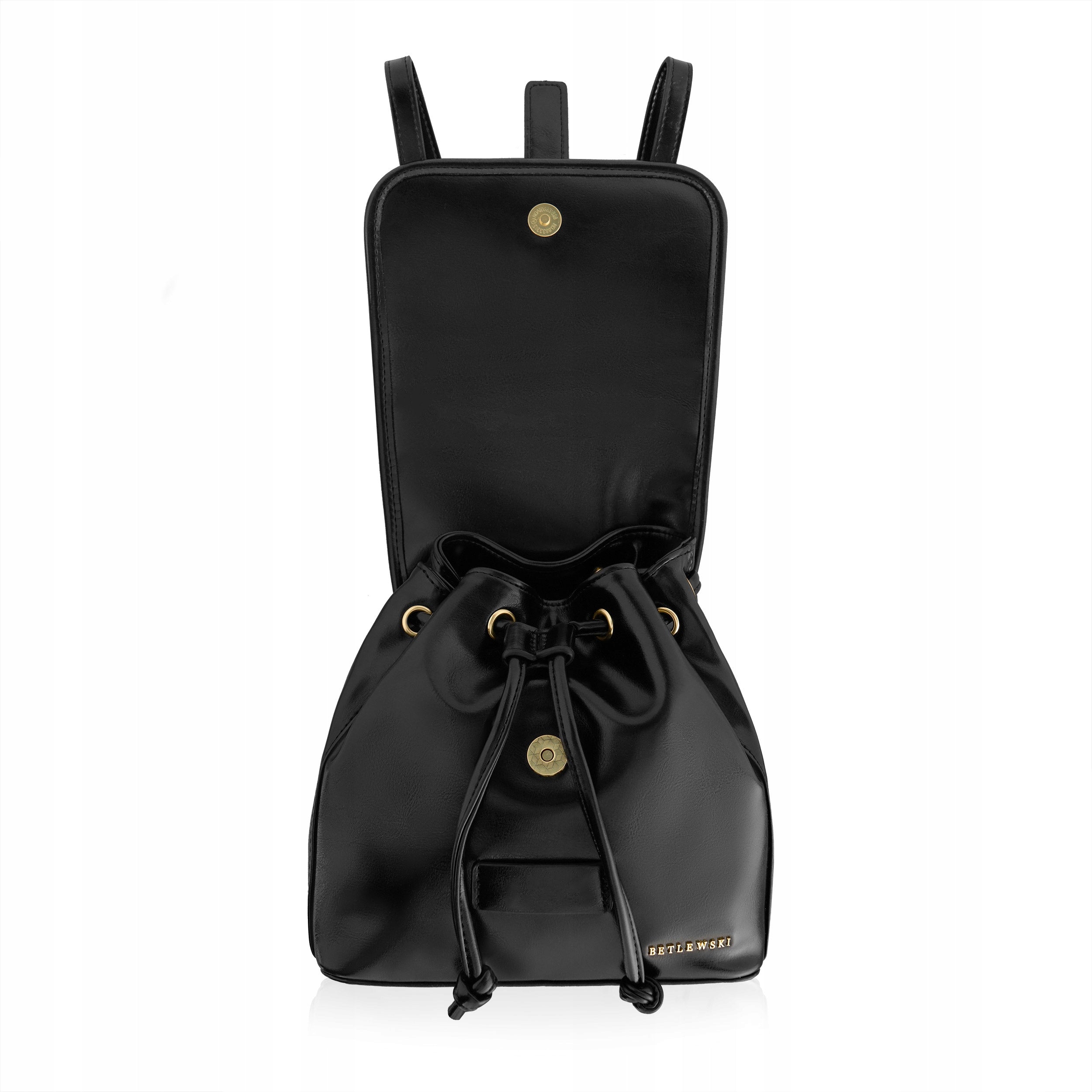 Betlewski Women's backpack eco leather flap drawstring handle suspenders Manufacturer code BPF-03 CZARNY