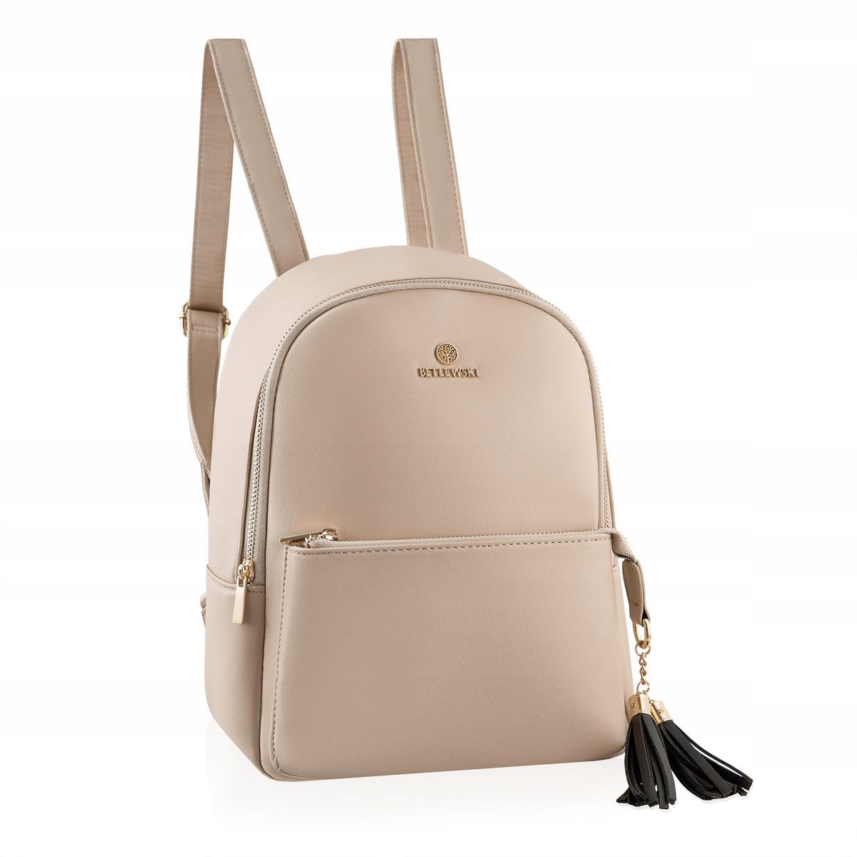 Betlewski beige Women's backpack with ear braces with zipper gold accessories