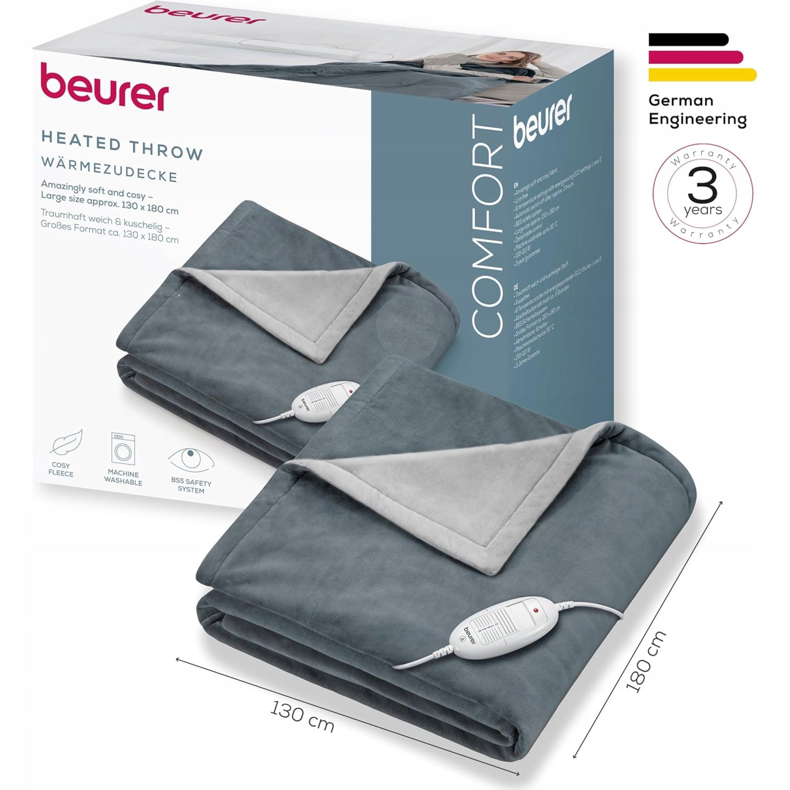 Beurer electric blanket 180x130 cm 100W 6 levels fleece dark grey Medical device no