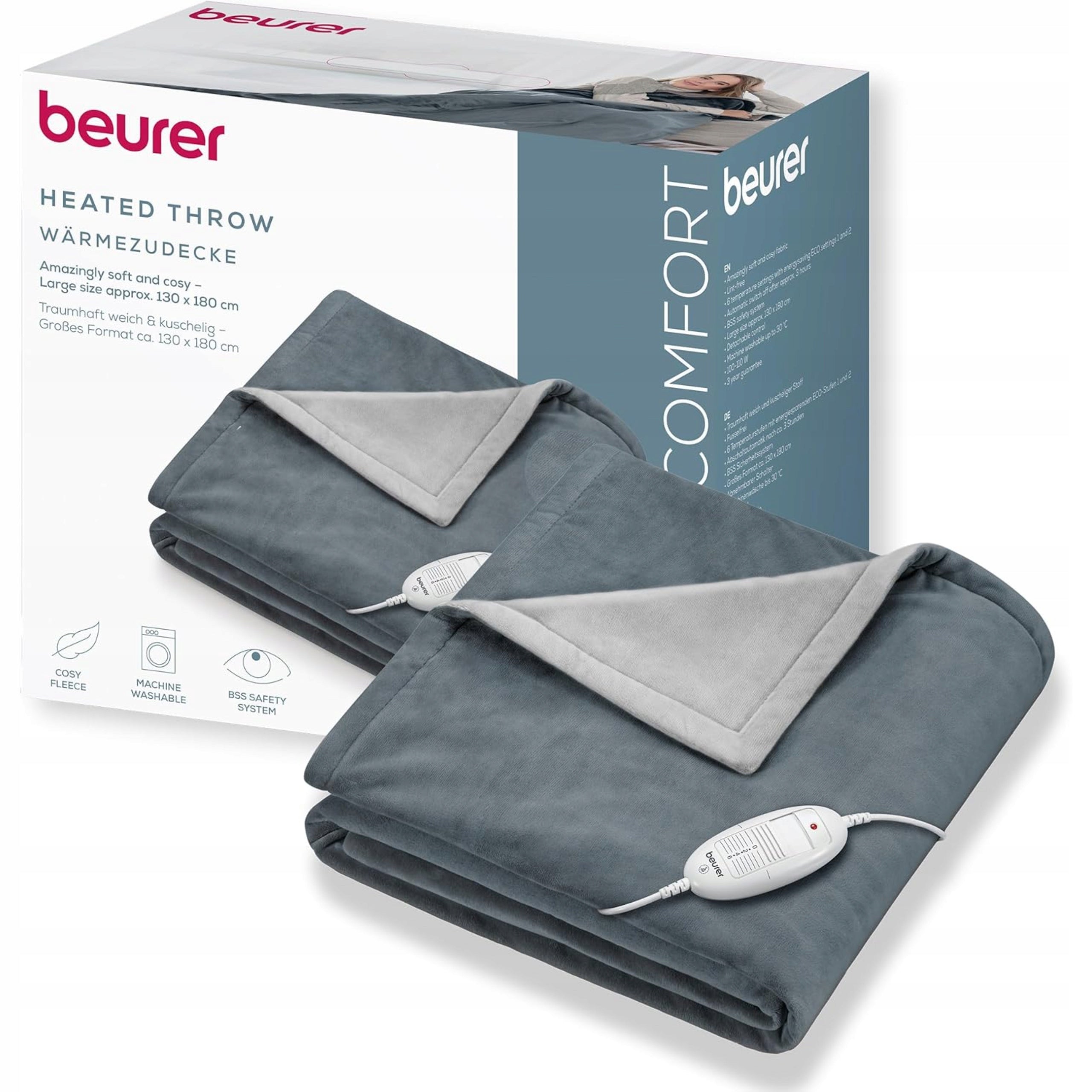 Beurer electric blanket 180x130 cm 100W 6 levels fleece dark grey
