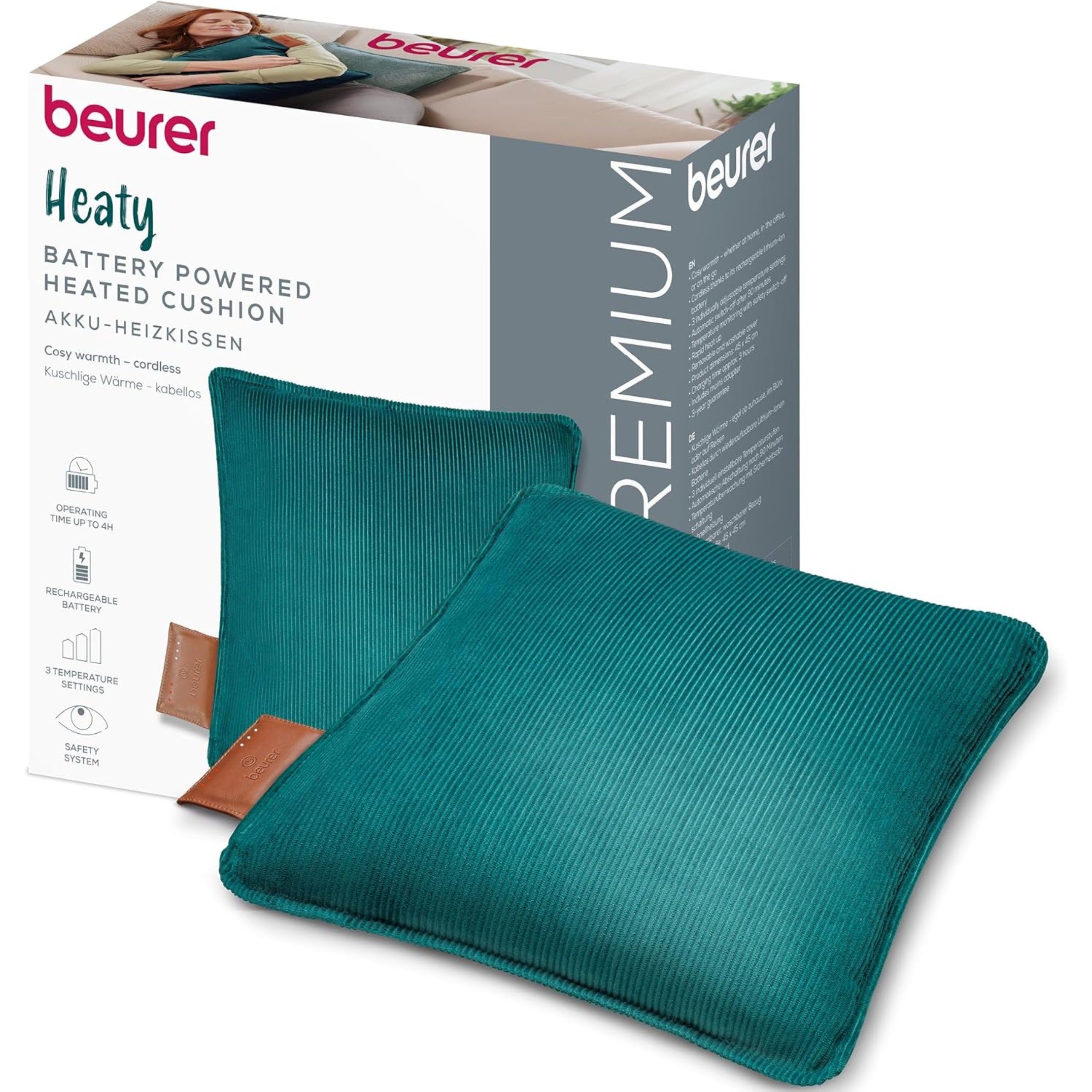 Beurer wireless heating pad 3-degree auto-off velour green