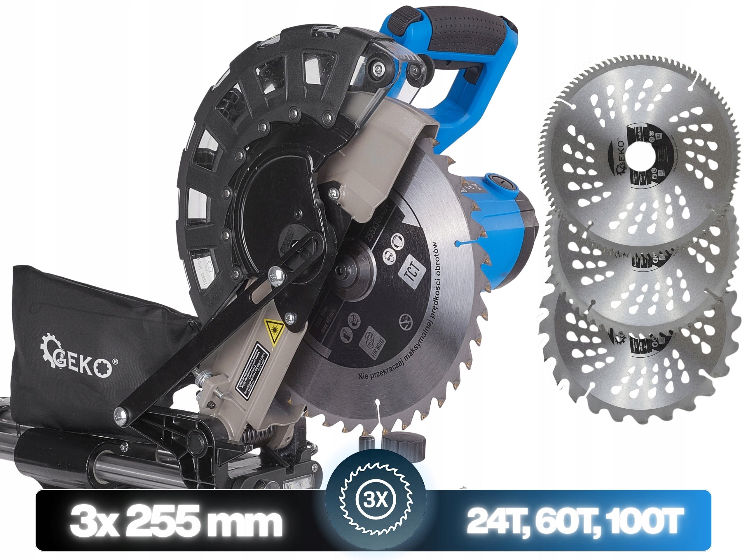 Bevel Saw with Bevel Feed For Wood 2000W 255mm Laser Extraction 3 Discs Maximum power 2000 W