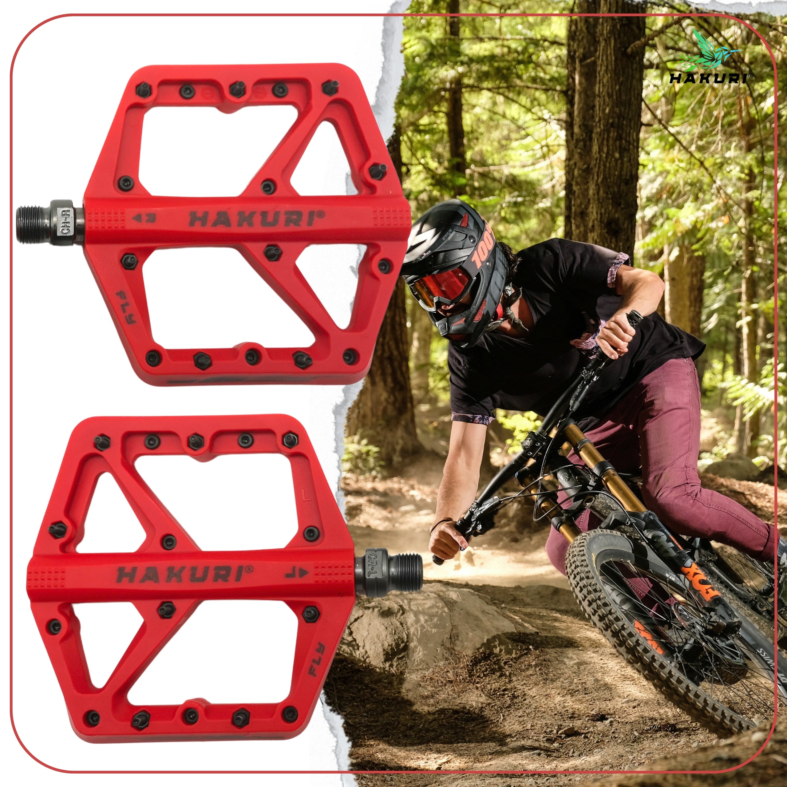 Bicycle Pedals NYLON Machine Beds Lightweight with Pins Red MTB RED Model PEDAŁY NYLONOWE HAKURI FLY-RIDE RED MTB