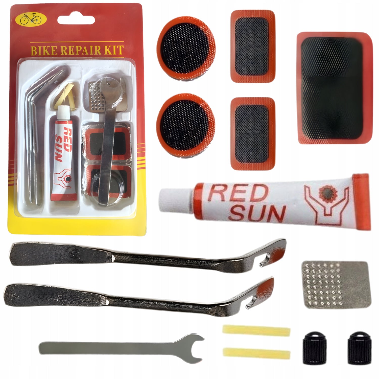 Bicycle Repair Kit Tube Wheels Wrench Patches Spoons Vents + Glue