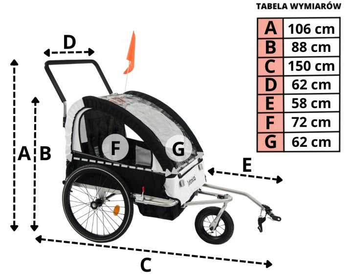 Bicycle Trailer for Children Artnico Black and white 3in1 Folding wheel 360 Model Artnico 2 osoby Czarno Biała