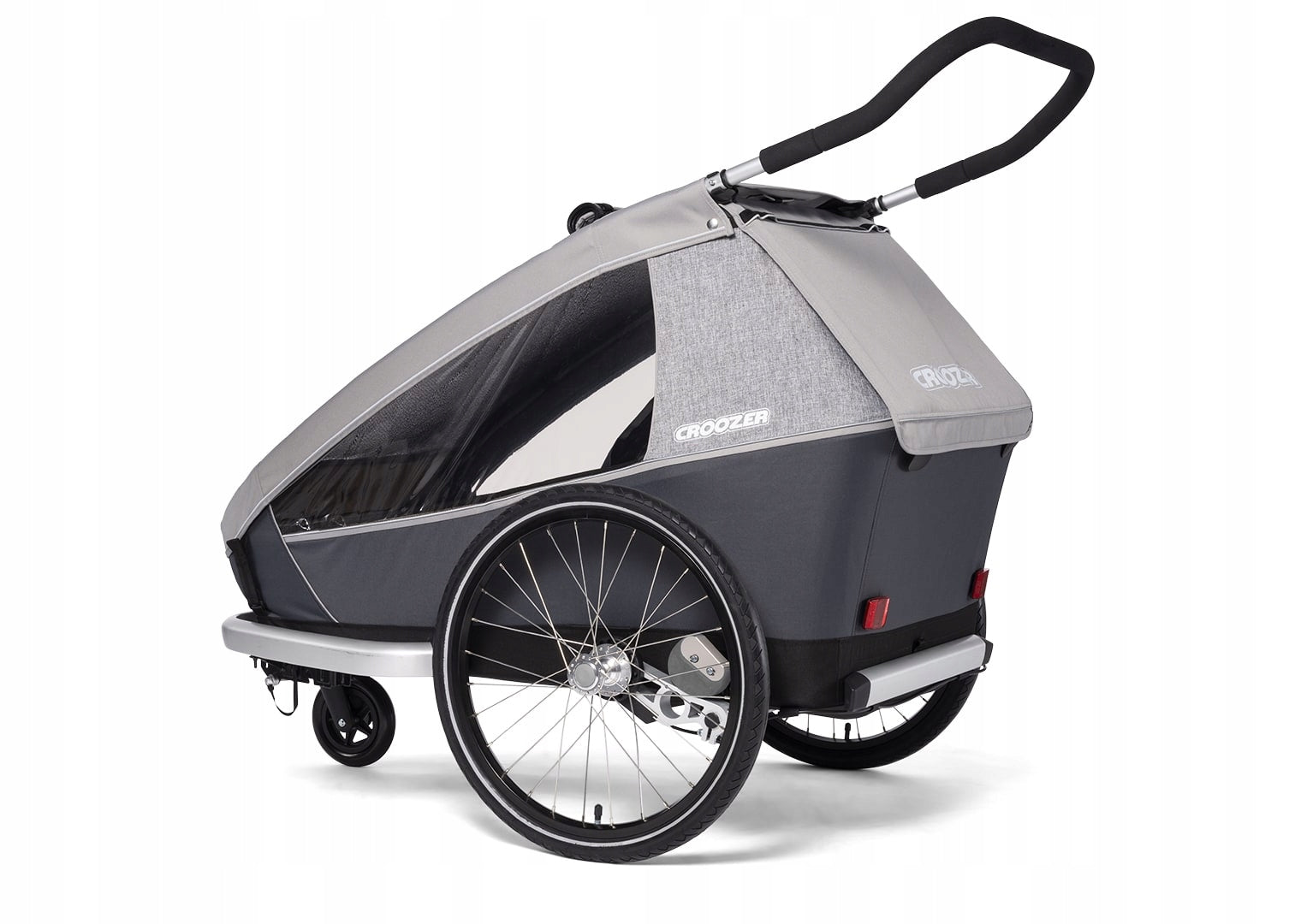 Bicycle Trailer for Children Double 2in1 Croozer Kid Keeke 2 Grey Additional features shock absorption safety flag rain cover brake mosquito net hi-vis reflectors lighting pumped wheels cargo space foldable trailer design bicycle trailer hook