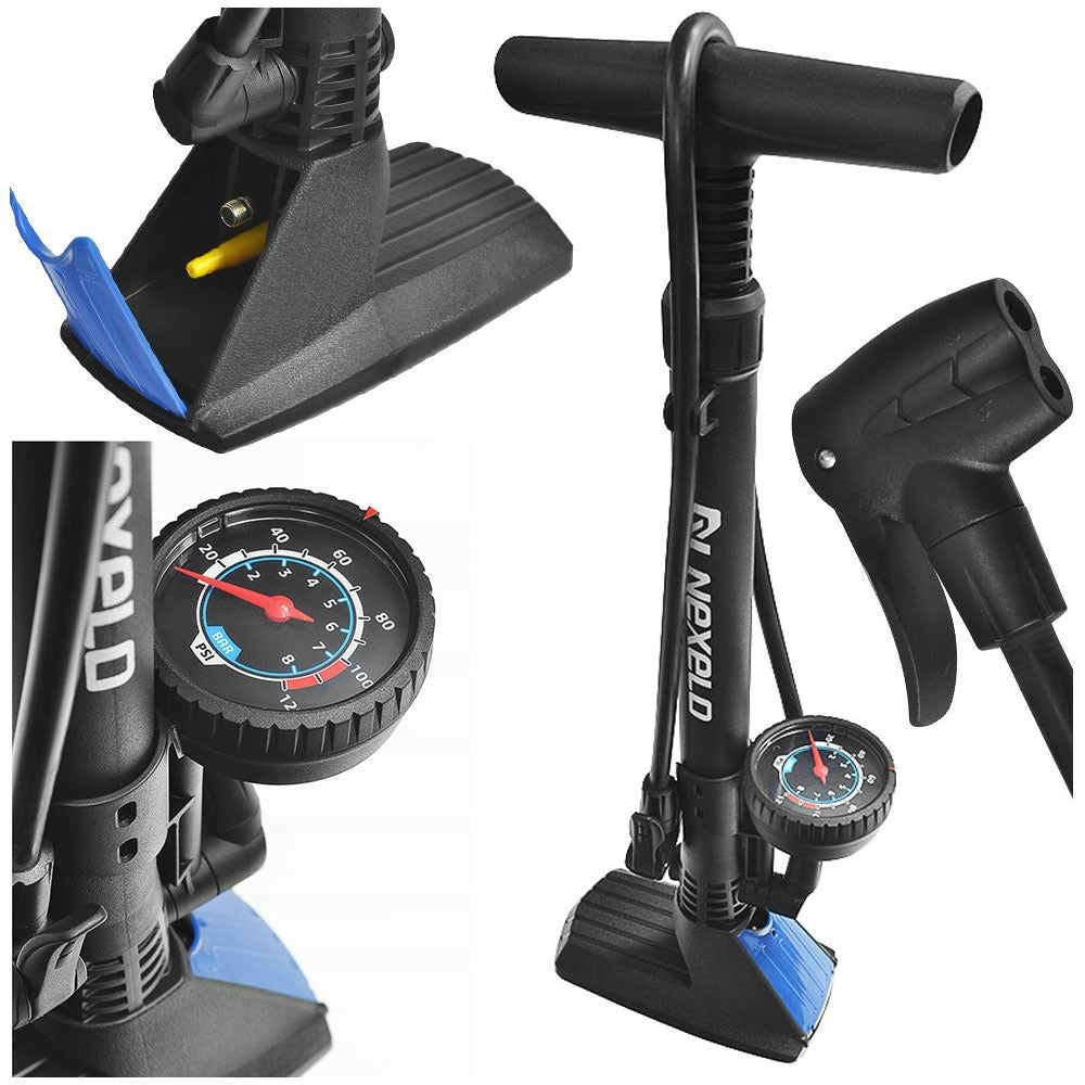 Bicycle floor pump with pressure gauge with valve clamp AV/DV/FV pump