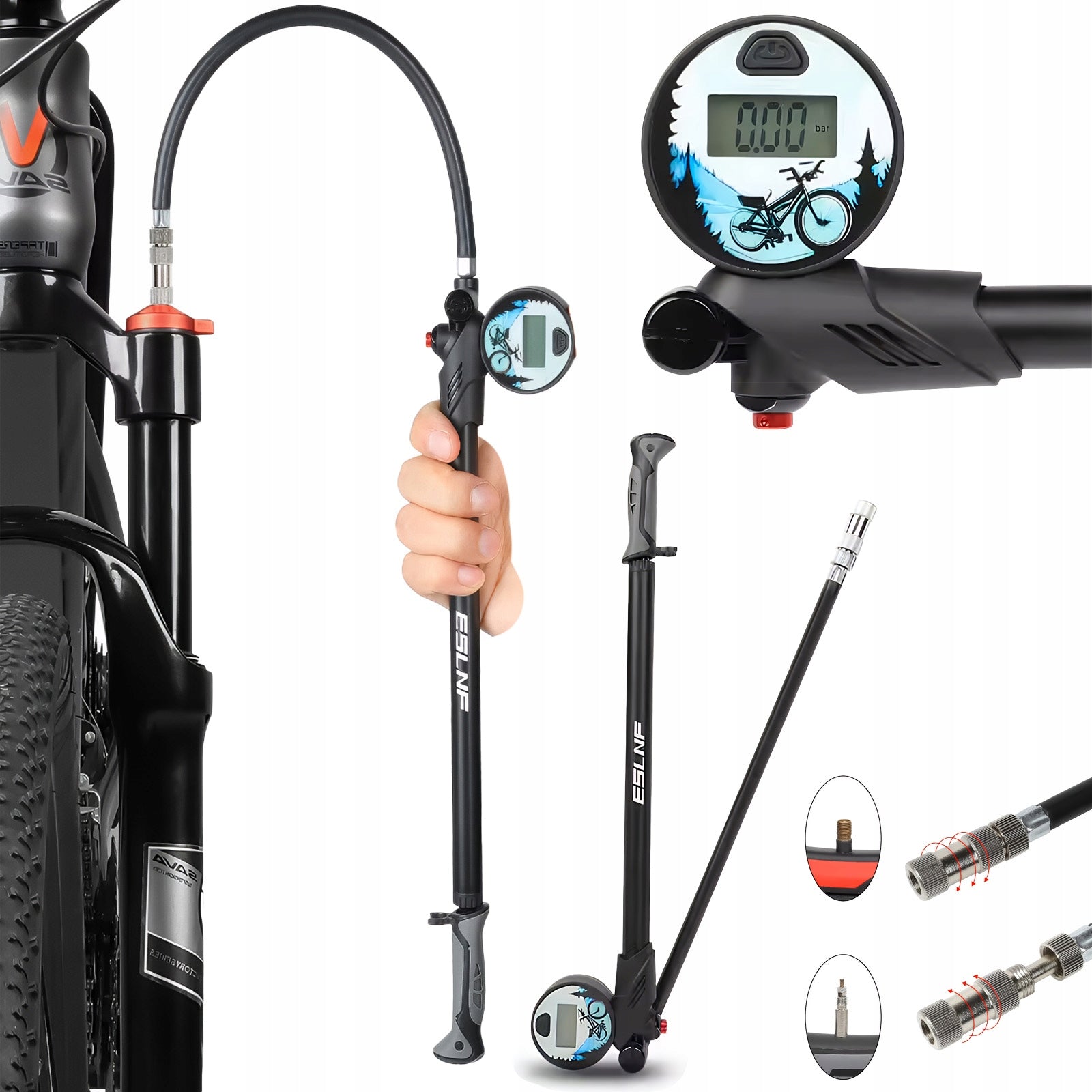 Bicycle pump alu for SHOCK ABSORBER BALL TIRES LCD pressure gauge 300 PSI 20bar