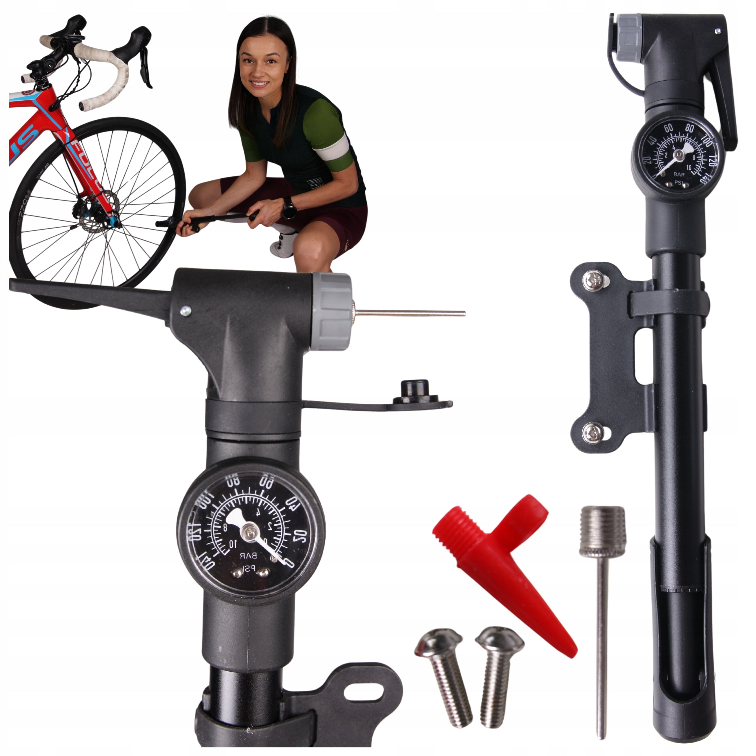 Bicycle pump with pressure gauge for hand bike with bicycle holder PRO 8 BAR Color black