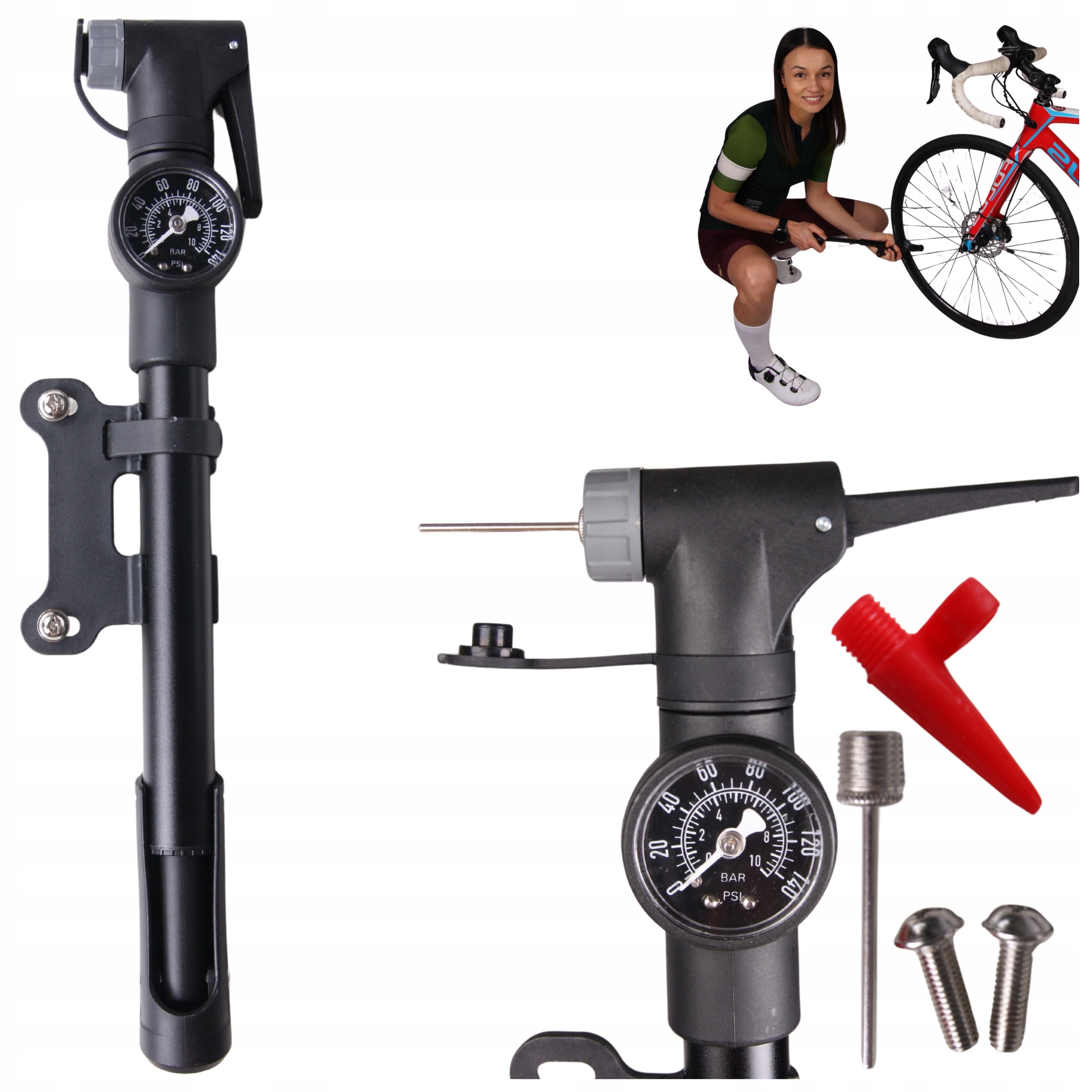 Bicycle pump with pressure gauge for hand bike with bicycle holder PRO 8 BAR
