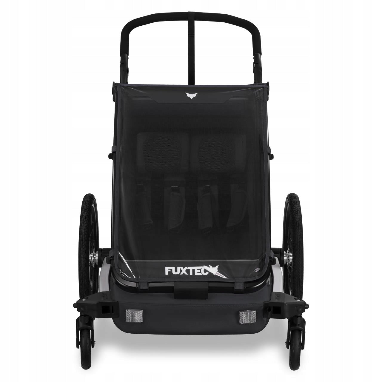 Bicycle trailer FUXTEC FX-FA1-SET-BLACK with jogger wheel Additional features safety flag rain cover jogger function brake pockets mounted to the lower tube mosquito net hi-vis reflectors sun visors securing straps 5-point harness support pumped wheels partitions cargo space adjustable backrest adjustable handles bag