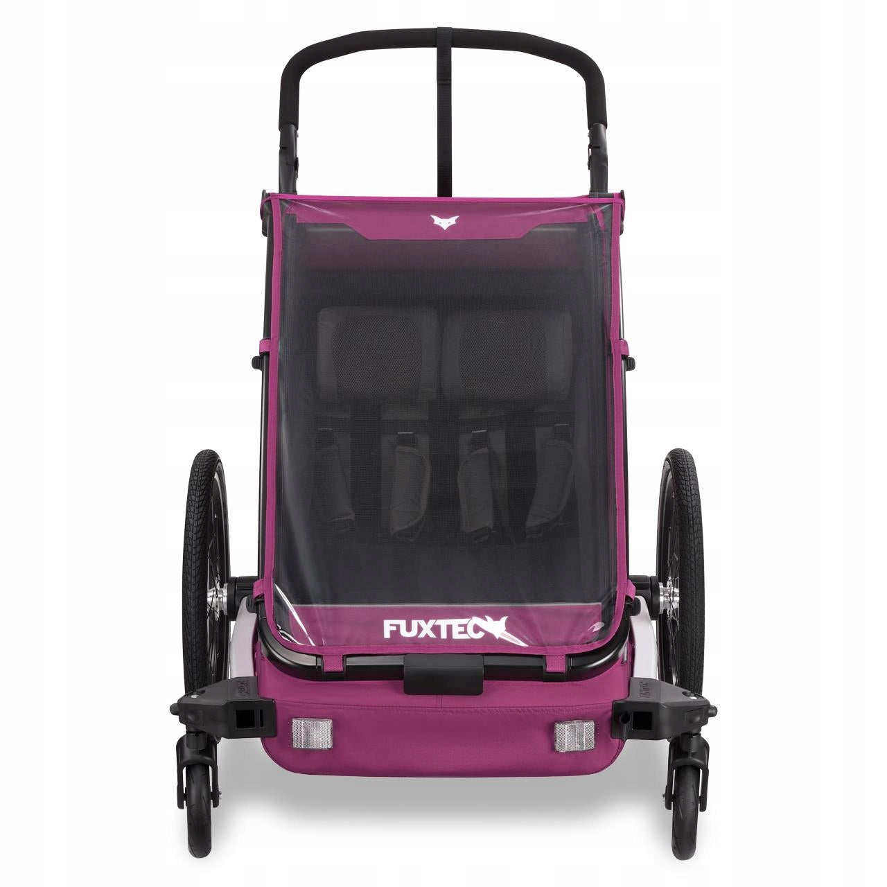 Bicycle trailer FUXTEC FX-FA1-SET with jogger wheel Additional features safety flag jogger function brake pockets mounted to the lower tube axle-mounted hi-vis reflectors sun visors lighting 5-point harness pumped wheels cargo space adjustable backrest adjustable handles foldable trailer design bag bicycle trailer hook