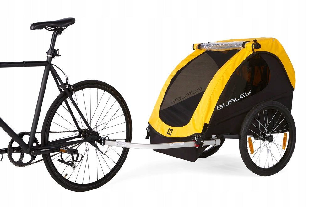Bicycle trailer for 2 children Burley Bee Double Additional features safety flag rain cover brake hi-vis reflectors pumped wheels cargo space foldable trailer design bicycle trailer hook