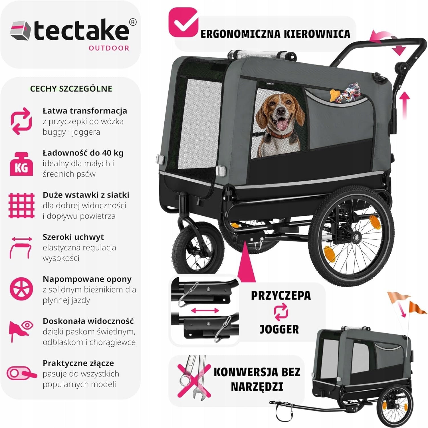 Bicycle trailer for dog tectake 3in1 jogger folding up to 40 kg grey Manufacturer code 404947