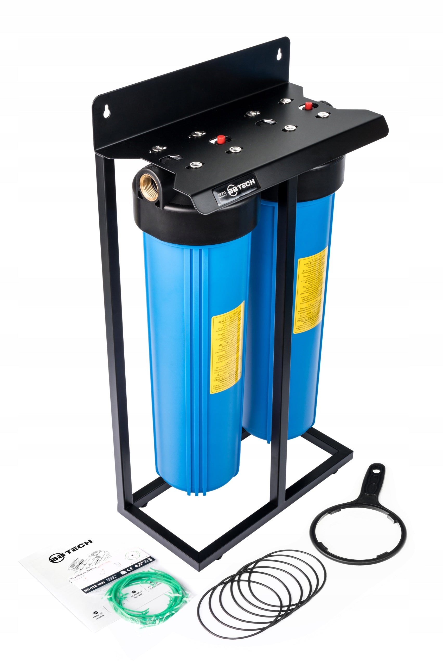 Big Blue 2×20″ 1″ Water Filtration System – 2-Stage Kit + Frame + O-ring Packaging status original