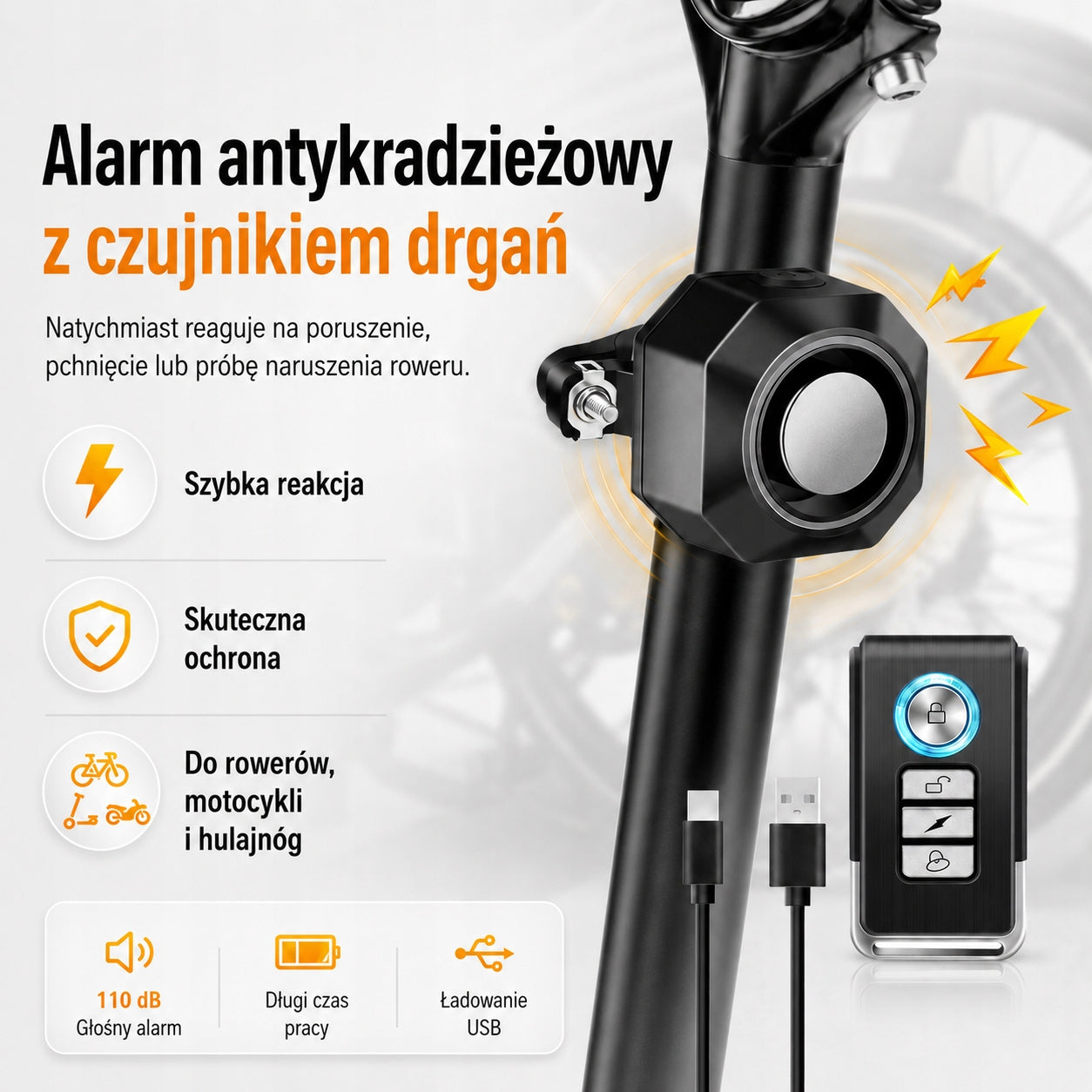 Bike Alarm USB Rechargeable with Remote 110dB Anti Theft IP65 Waterproof Packaging status original