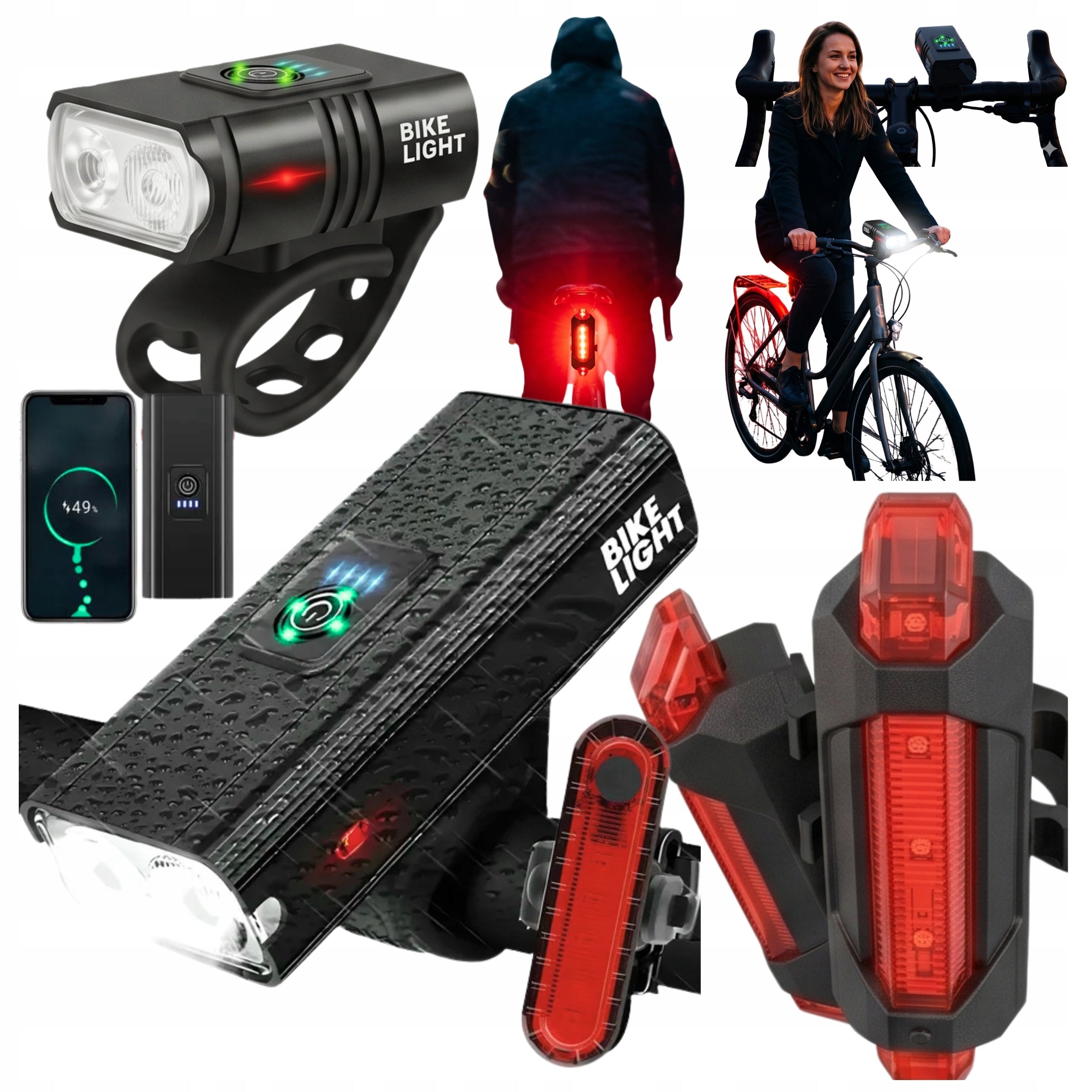 Bike Light Front Rear LED USB Waterproof Durable Power Kit Packaging status original
