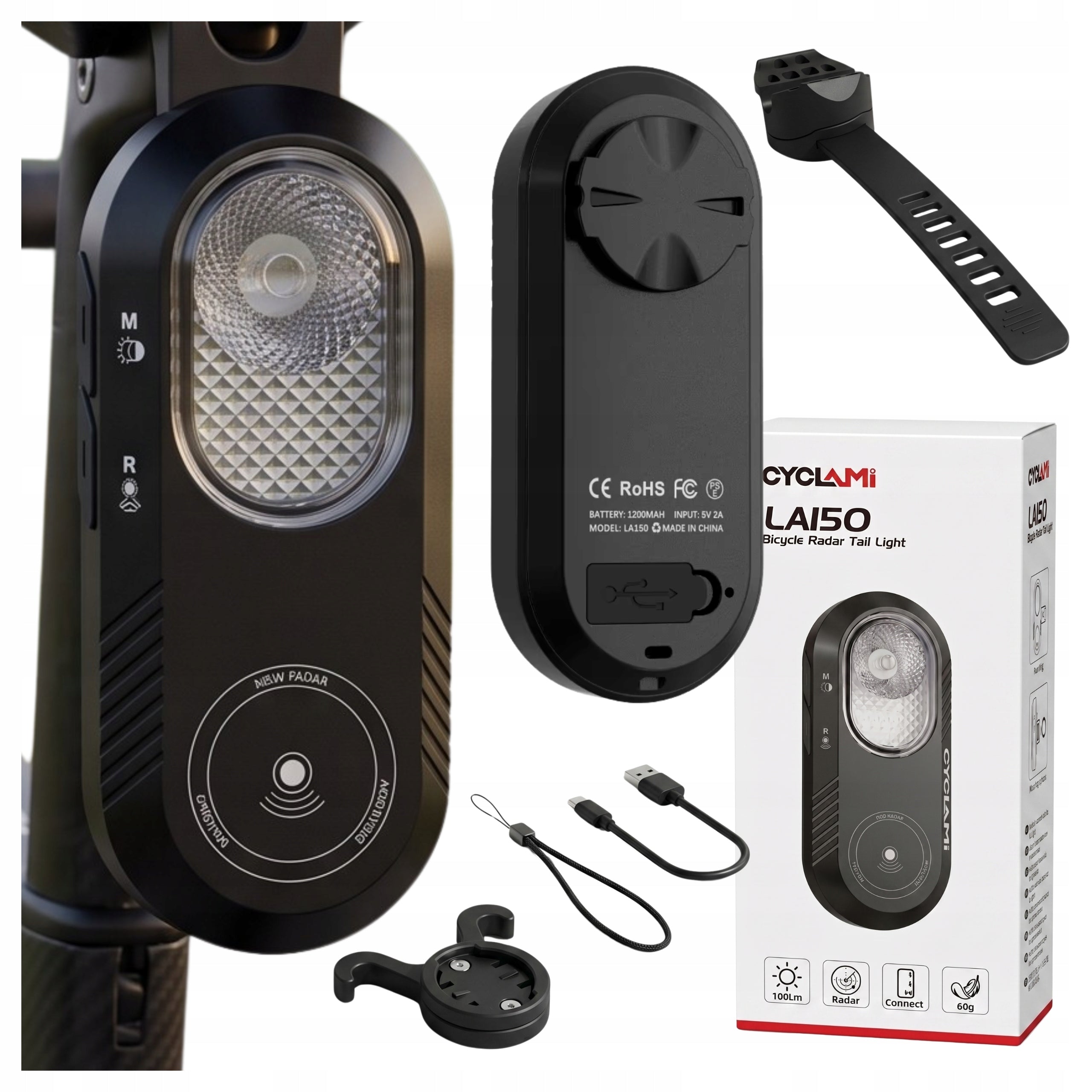 Bike Light Radar Rearview Bike Bluetooth Counter Garmin Manufacturer code Lampka rowerowa tylna z radarem LA150 CYCLAMI