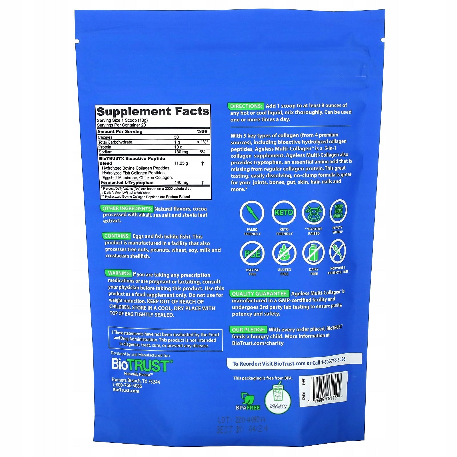 BioTRUST, Ageless Multicollagen, Chocolate, 260 g Expiration date at least 3 months from the date of purchase