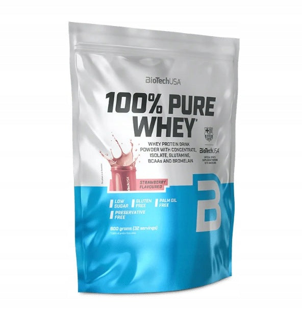 BioTech USA 100% Pure Whey 900 g Strawberry Protein Concentrate Conditioner Mass