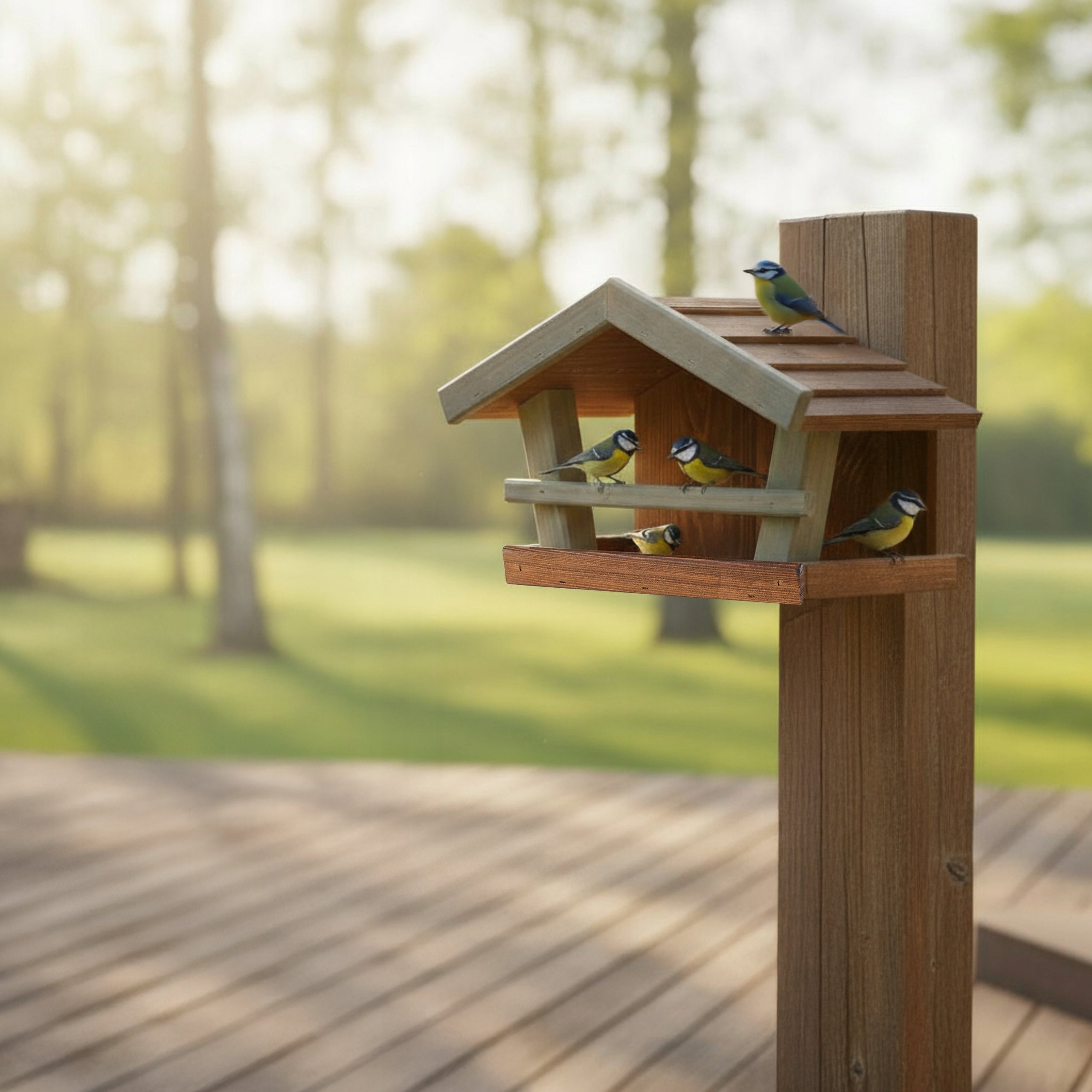 Bird Feeder Wooden Garden for Hanging Balcony Brown Green Product height 24 cm