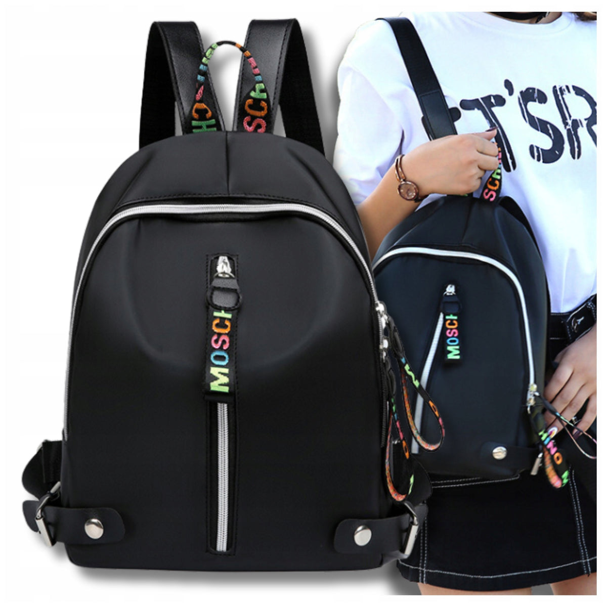 Black Backpack Waterproof Elegant Women's Urban Keychain 2in1 Spacious Lightweight