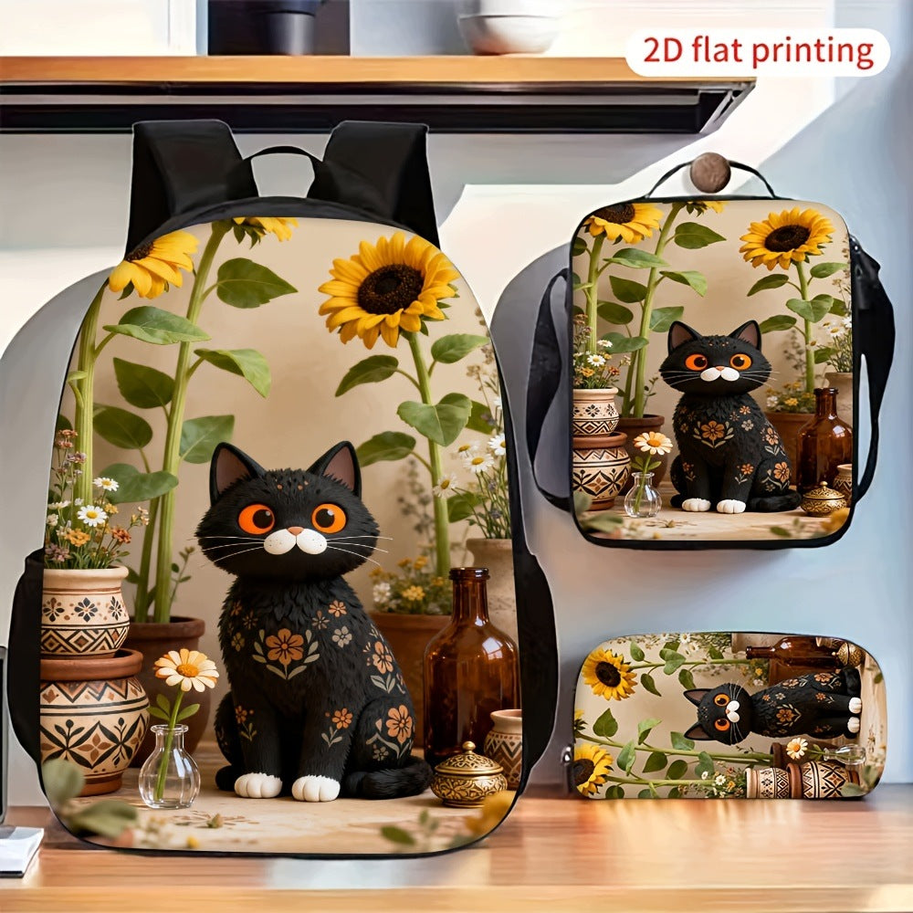 Black Cat Sunflower Print 3-Piece 2D Flat Portable Storage Bag Set