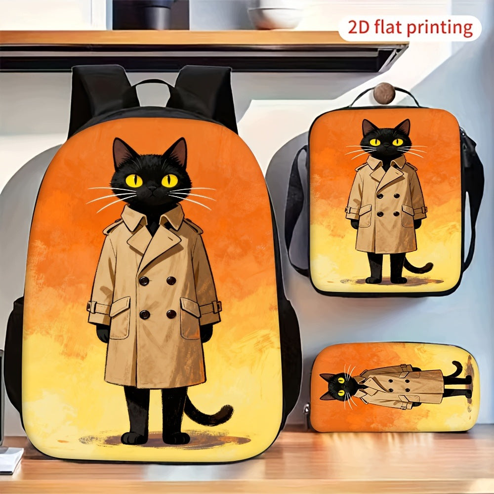 Black Cat Trench Coat Print 3pc Backpack Set with Crossbody Bag and Pencil Case
