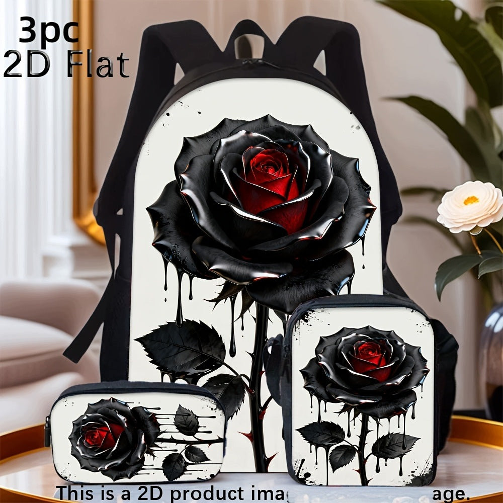 Black Red Rose 3-Piece Backpack Set