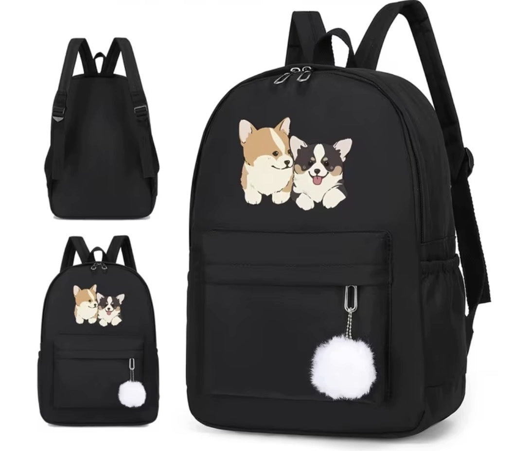 Black School Backpack For Girls Corgi Cute Dog Cans Dog Pompon