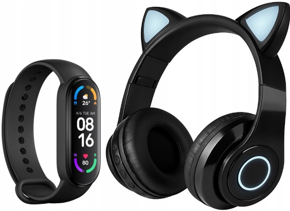 Black Smart Band 6 (SMS, CALLS) + Black Cat Ear Headphones LED Ears
