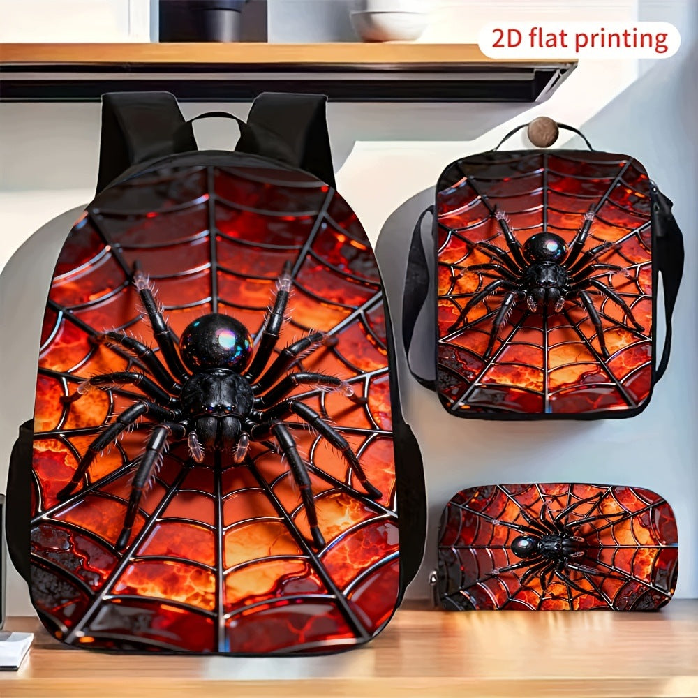Black Spider Web Pattern 3-Piece Backpack Set with Crossbody Bag and Pencil Case