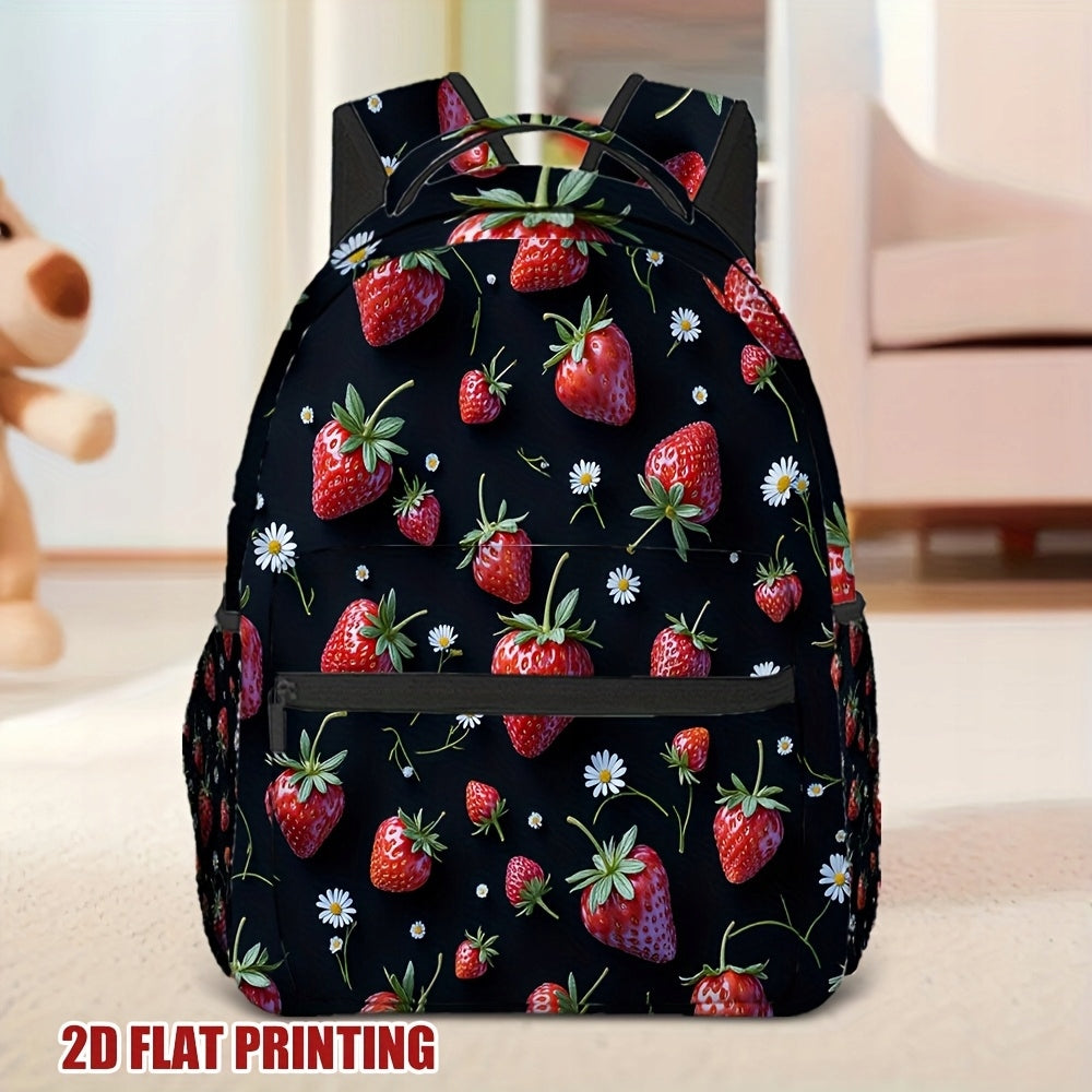 Black Strawberry Print Backpack - Lightweight School Travel