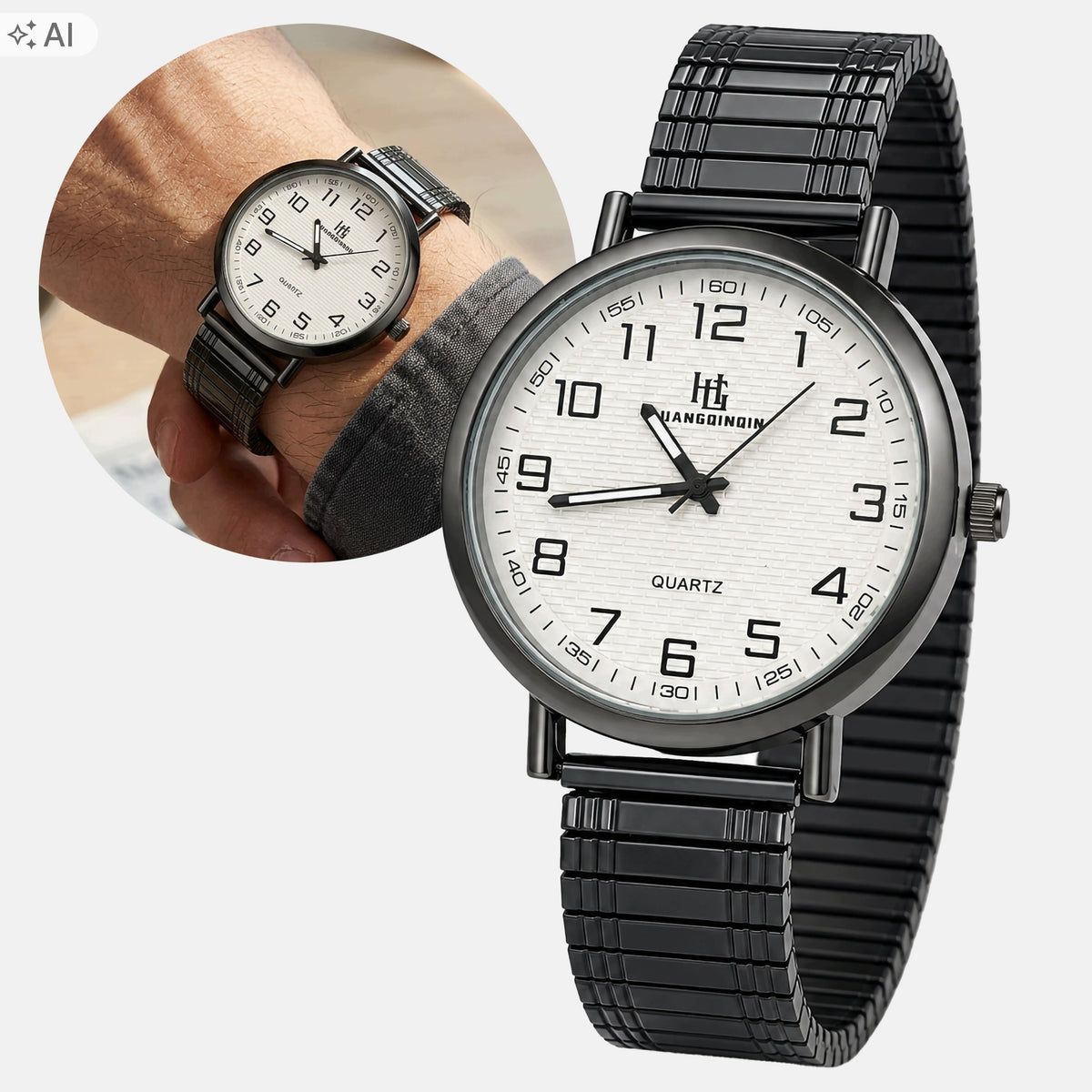 Black Watch with Elastic Steel Bracelet Large Clear Numbers