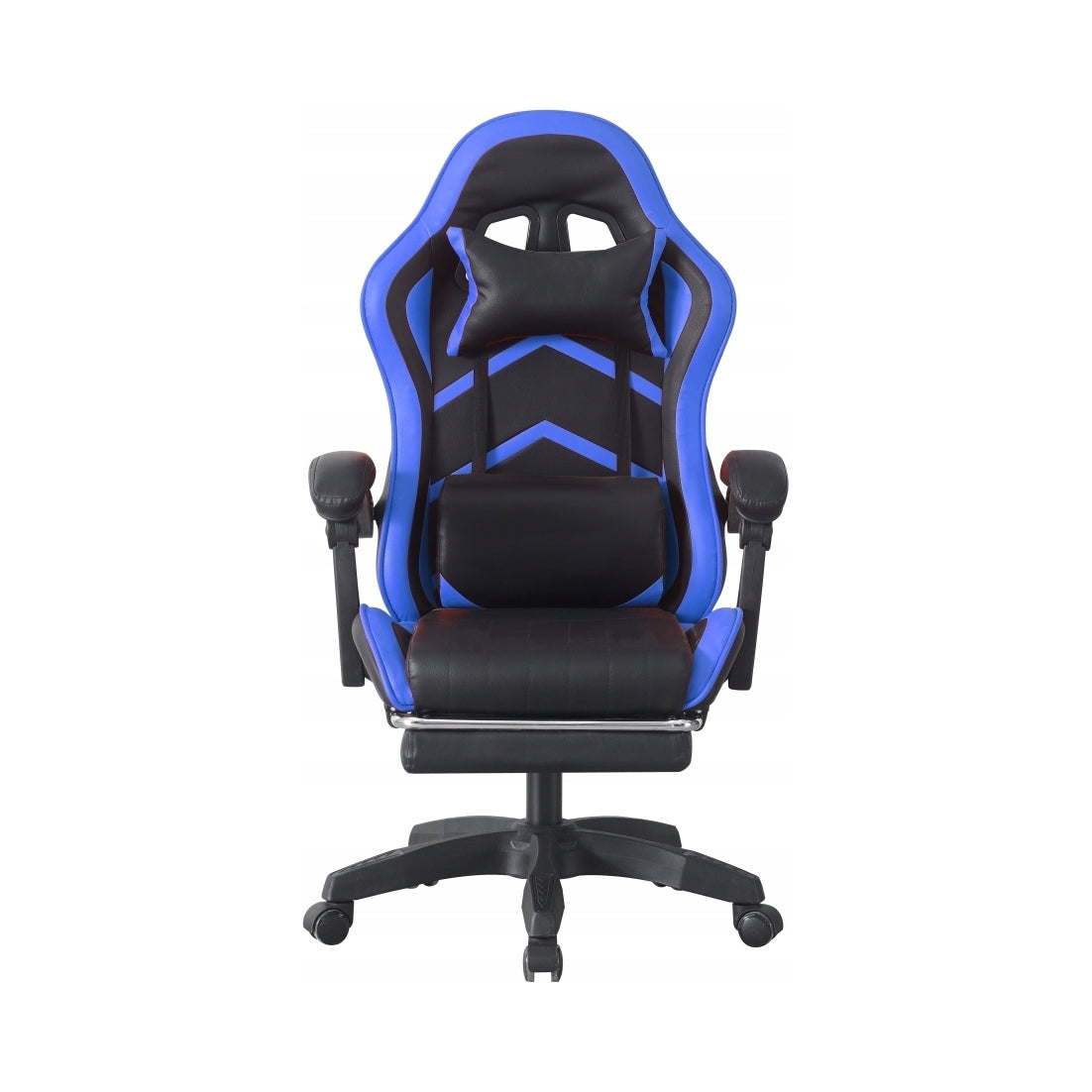 Black and Blue Leather Gaming Chair with Footrest and Cushions