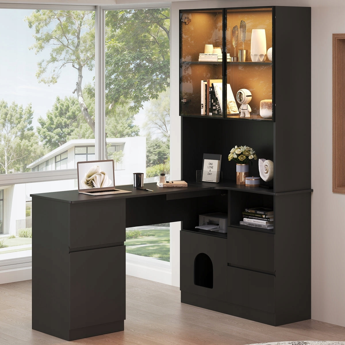 Black corner desk with bookcase and LED cabinet 120x80x180cm Brand no brand