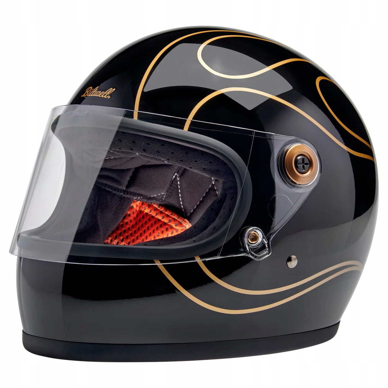Black helmet with gold flames Biltwell Gringo S flames motorcycle cash register