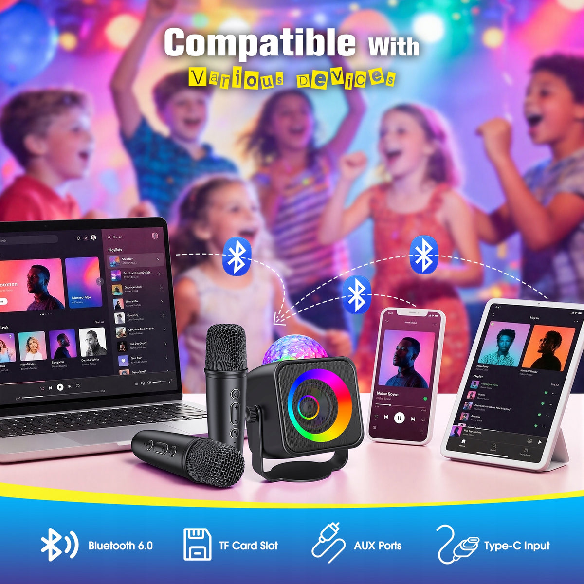 Black mini karaoke set, disco set, with two microphones. Manufacturer code WJ121862BXXBK