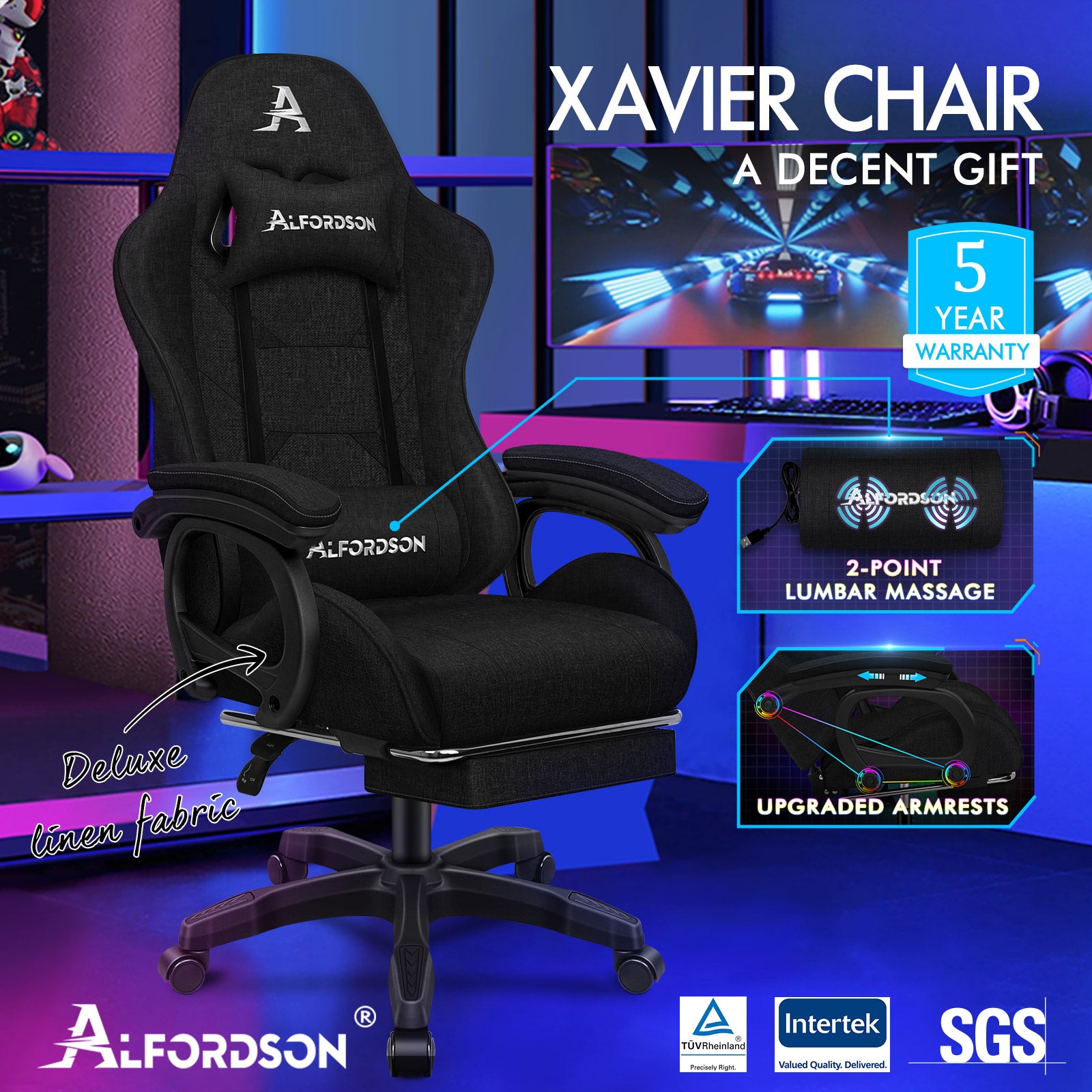 Black office chair, ergonomic, with armrests and footrest Packaging status original