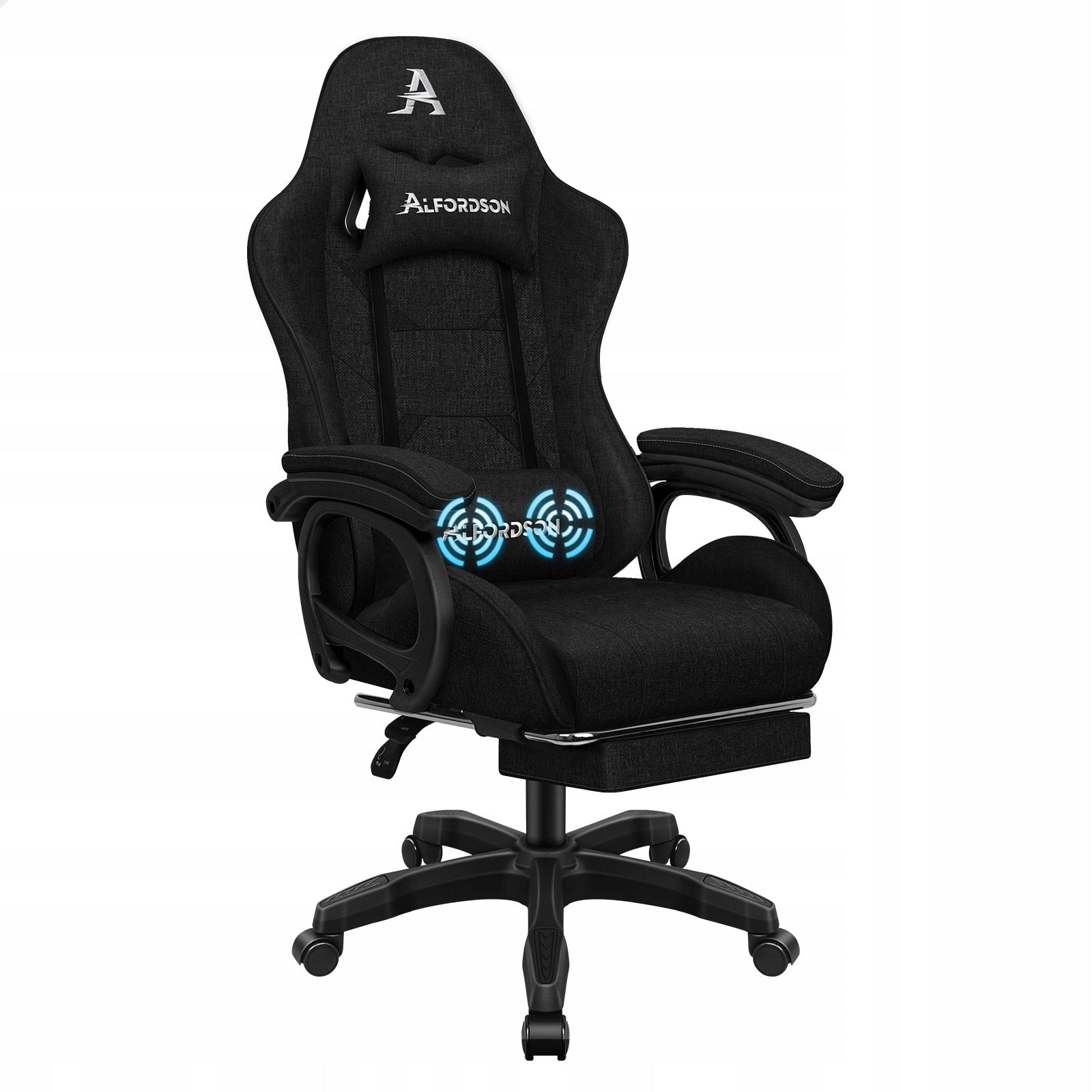 Black office chair, ergonomic, with armrests and footrest