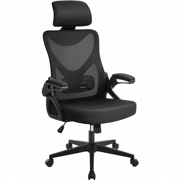 Black swivel chair with headrest and armrests