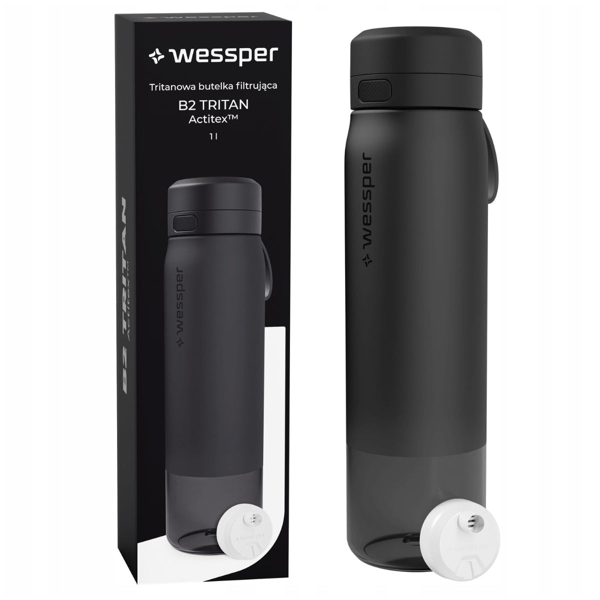 Black water filter bottle Wessper 1000 ml, water filter bottle