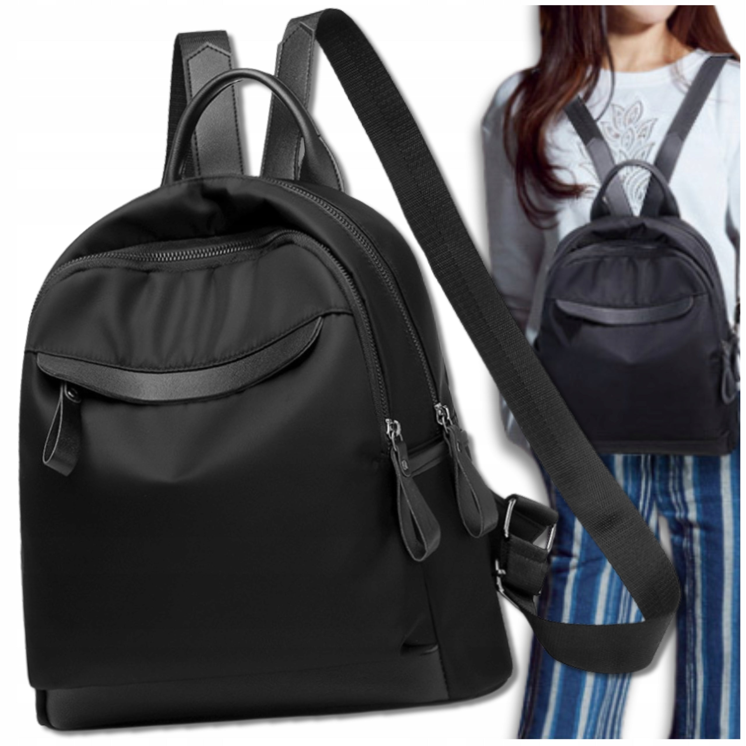 Black waterproof women's backpack. Capacious 2in1 work school urban shoulder backpack