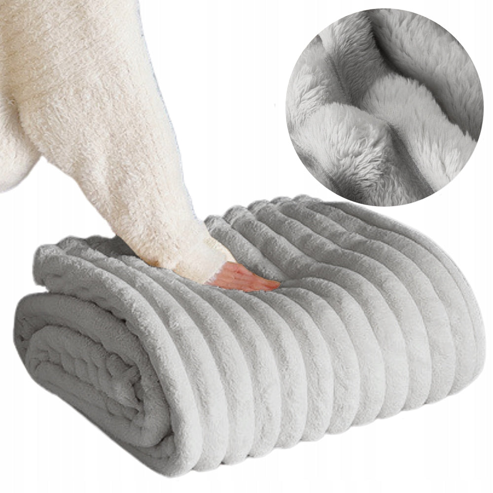 Blanket 160x200 plush embossed in thick stripes 3D fluffy bedspread light grey